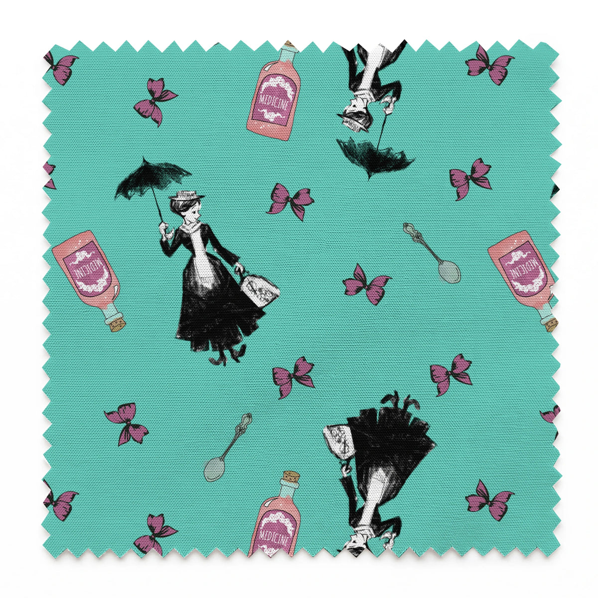 Whimsical illustration pattern with Mary Poppins holding umbrella, pink bottles, and purple butterflies on mint green background. springs swatch pinked