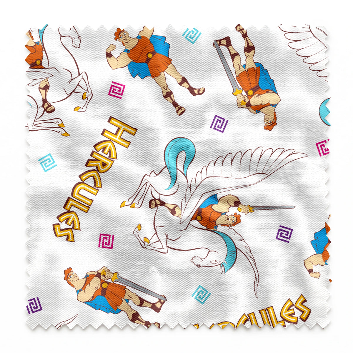 Cartoon pattern of Hercules characters with Pegasus, swords, and "HERCULES" text on white background springs swatch pinked