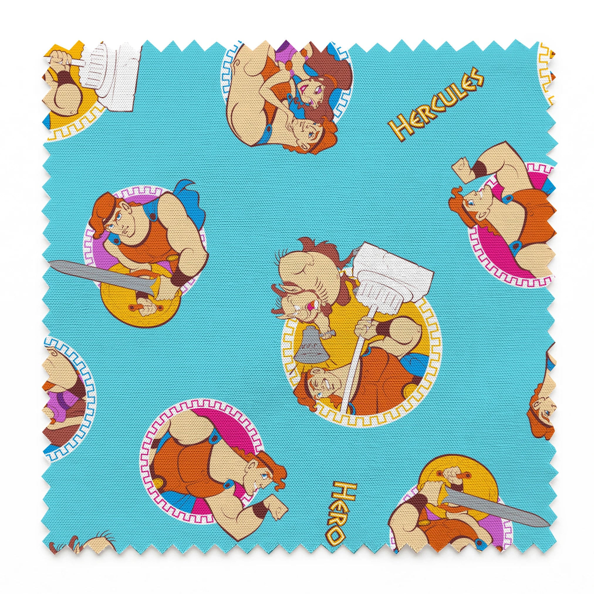 Cartoon characters from Hercules arranged in circular patterns on light blue background springs swatch pinked