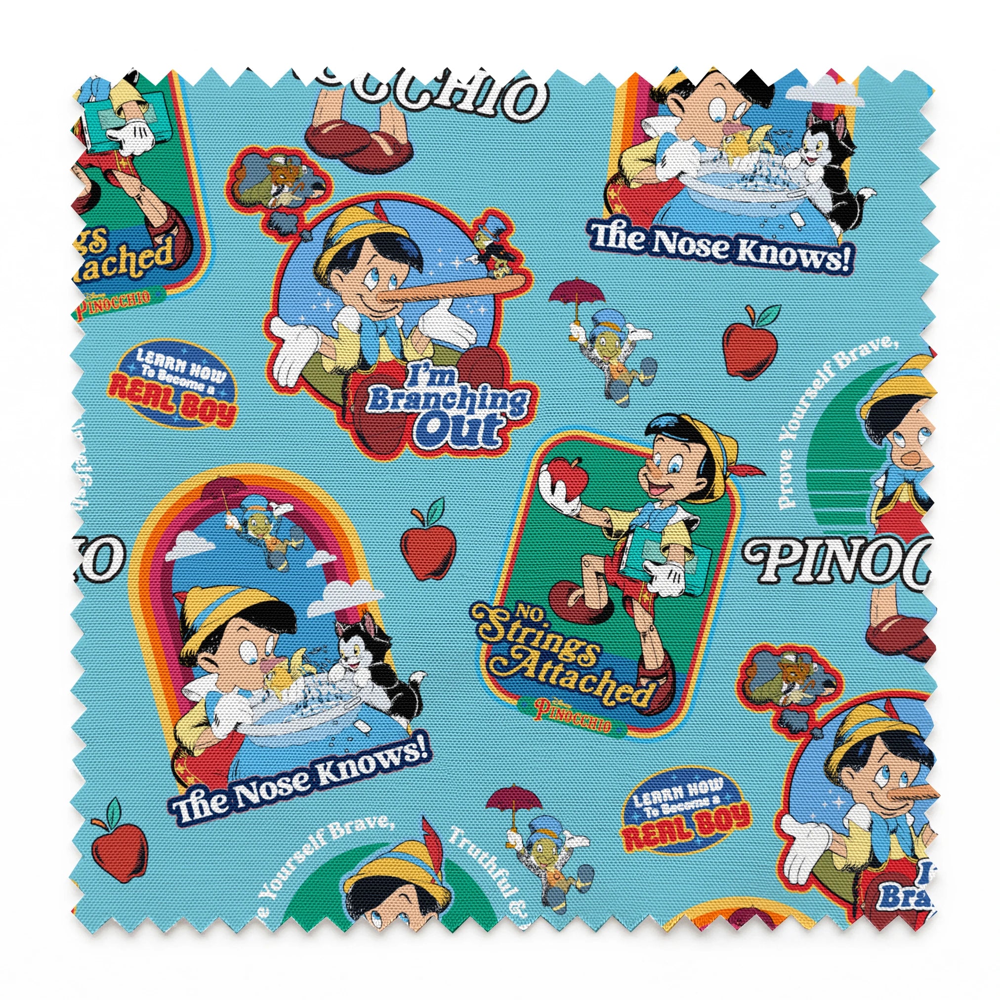 Colorful Pinocchio cartoon pattern featuring puppet characters, slogans, and red apples on teal background springs swatch pinked