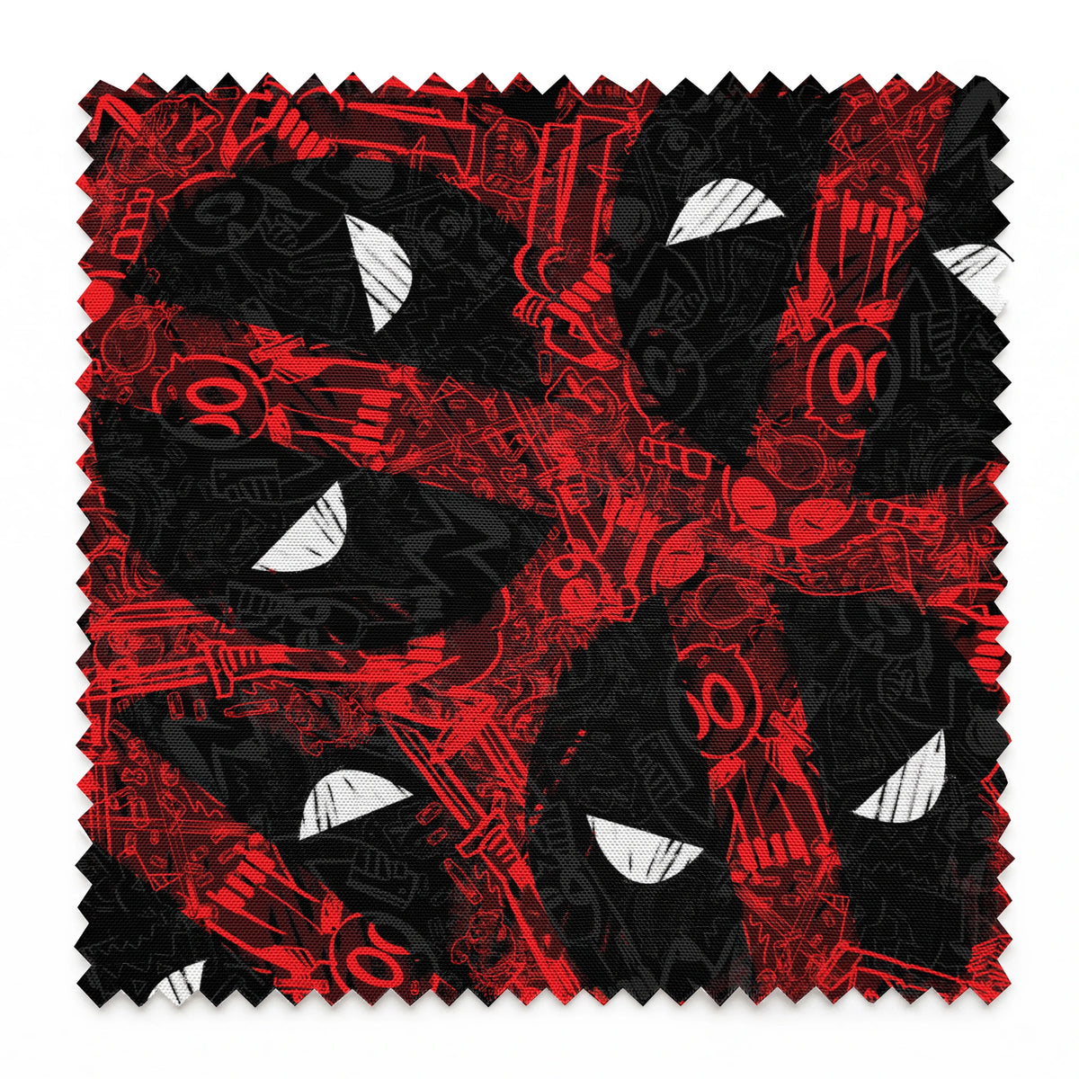 Abstract pattern of red and black chaotic lines with white triangular shapes scattered throughout the design springs swatch pinked