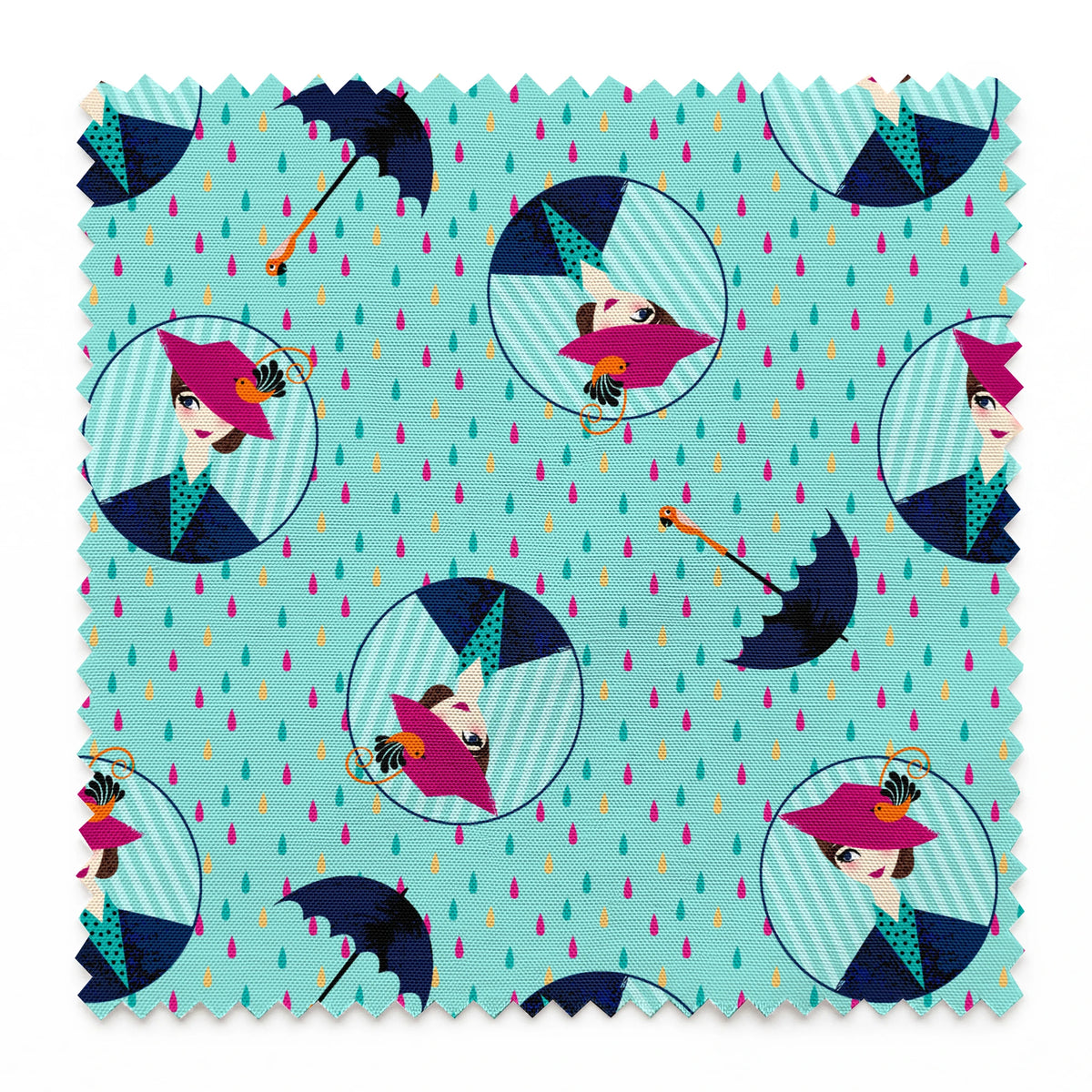 Colorful rainy pattern with Mary Poppins holding umbrellas in circular frames on turquoise background with pink raindrops springs swatch pinked