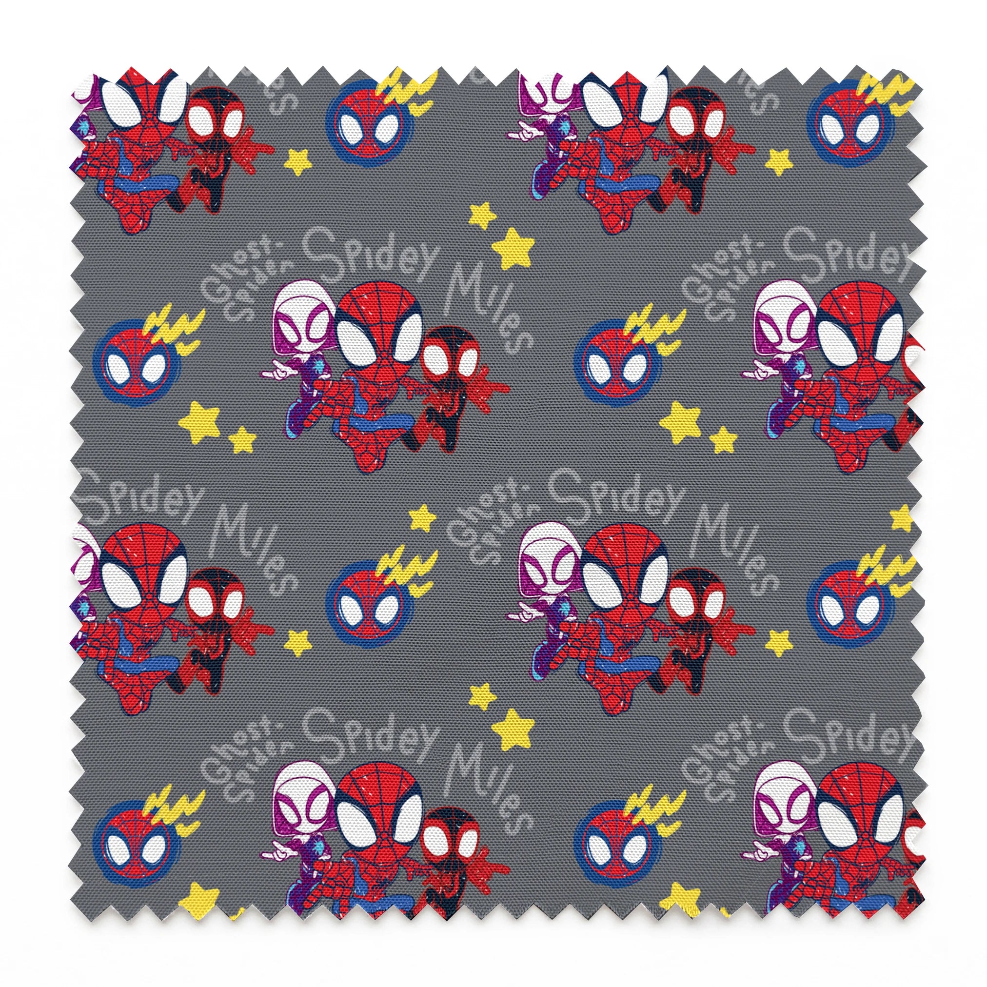 Cartoon Spider-Man characters pattern with stylized spider heroes and yellow stars on gray background springs swatch pinked