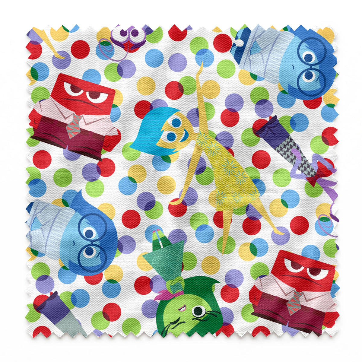 Colorful pattern of animated character heads from Inside Out movie on polka dot background springs swatch pinked