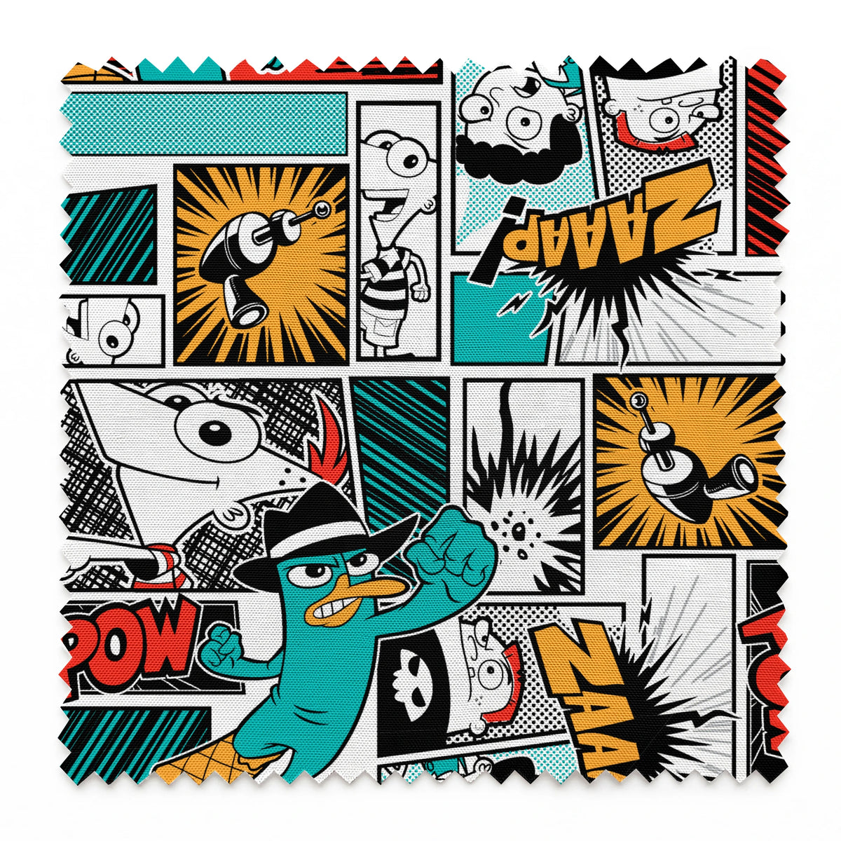 Comic book style pattern with colorful panels featuring sound effects like POW, BANG, and WHAM on red, blue, and black backgrounds springs swatch pinked