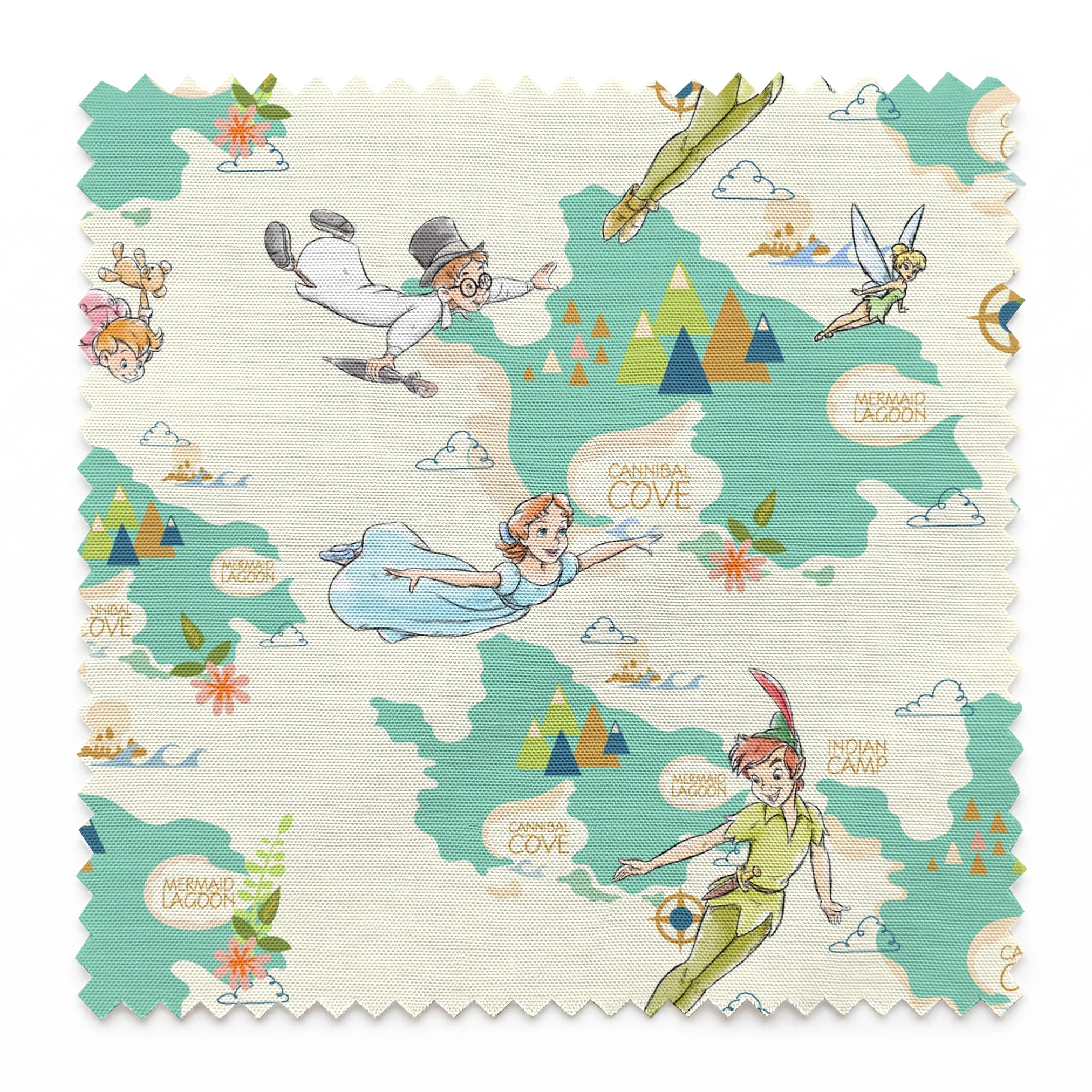 This is a whimsical Peter Pan themed pattern featuring characters flying through a turquoise sky with geometric mountains and text bubbles showing "Mermaid Cove" locations. springs swatch pinked
