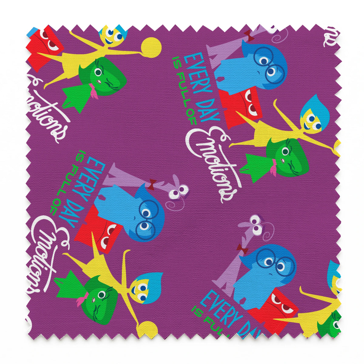Purple background with repeating pattern of Inside Out characters - Joy, Sadness, Anger, Disgust, Fear, and text elements. springs swatch pinked