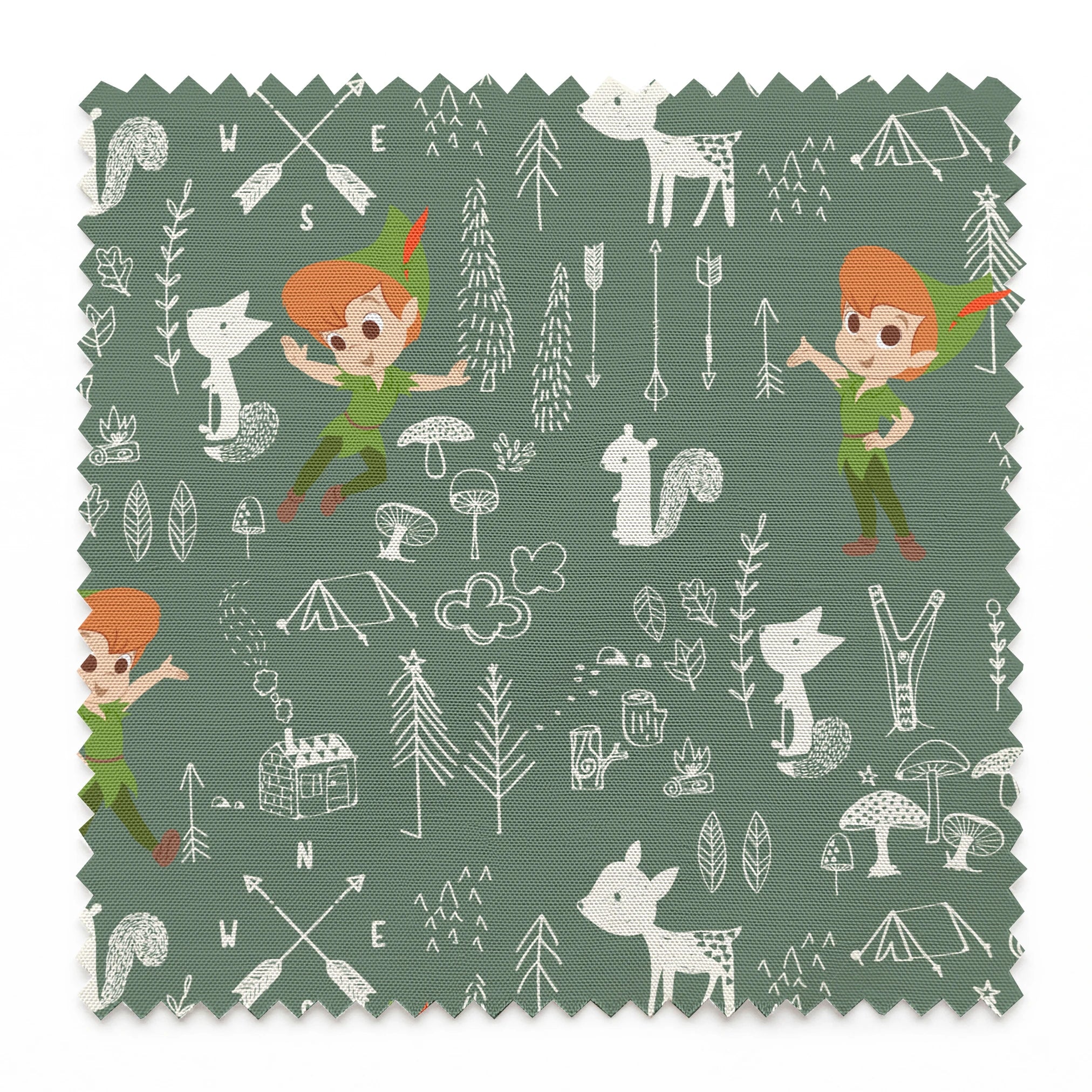 Illustrated forest pattern with cartoon characters in green outfits, white animals, and woodland elements on sage background. springs swatch pinked