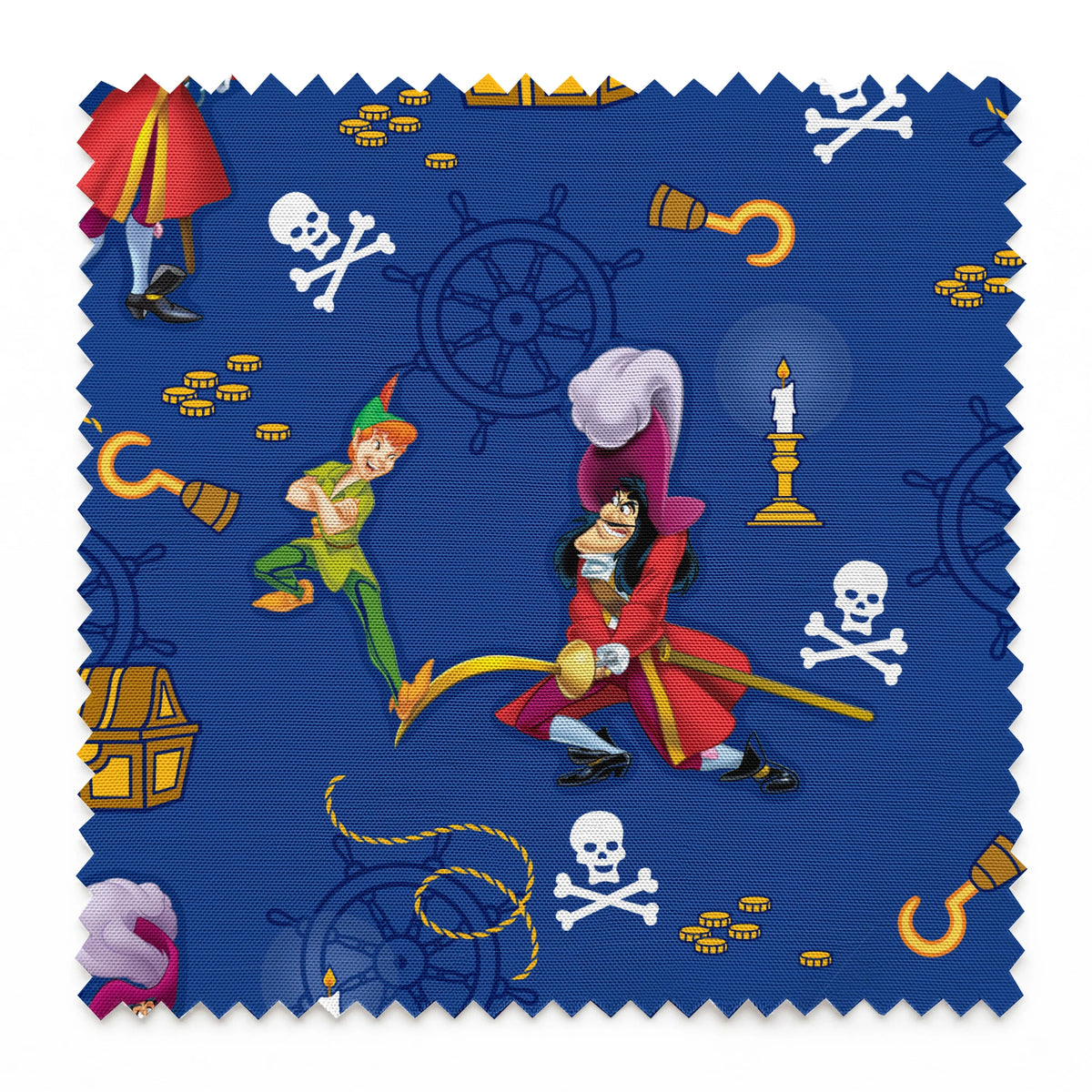 Pirate-themed pattern with captains, treasure chests, hooks, and skull symbols on blue background springs swatch pinked