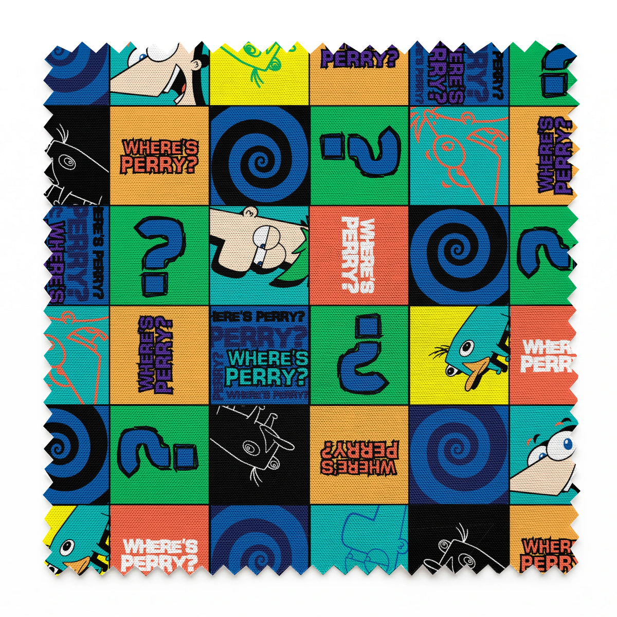 Colorful grid pattern with Phineas and Ferb cartoon characters, logos, question marks, and spirals in blue, green, and orange squares. springs swatch pinked