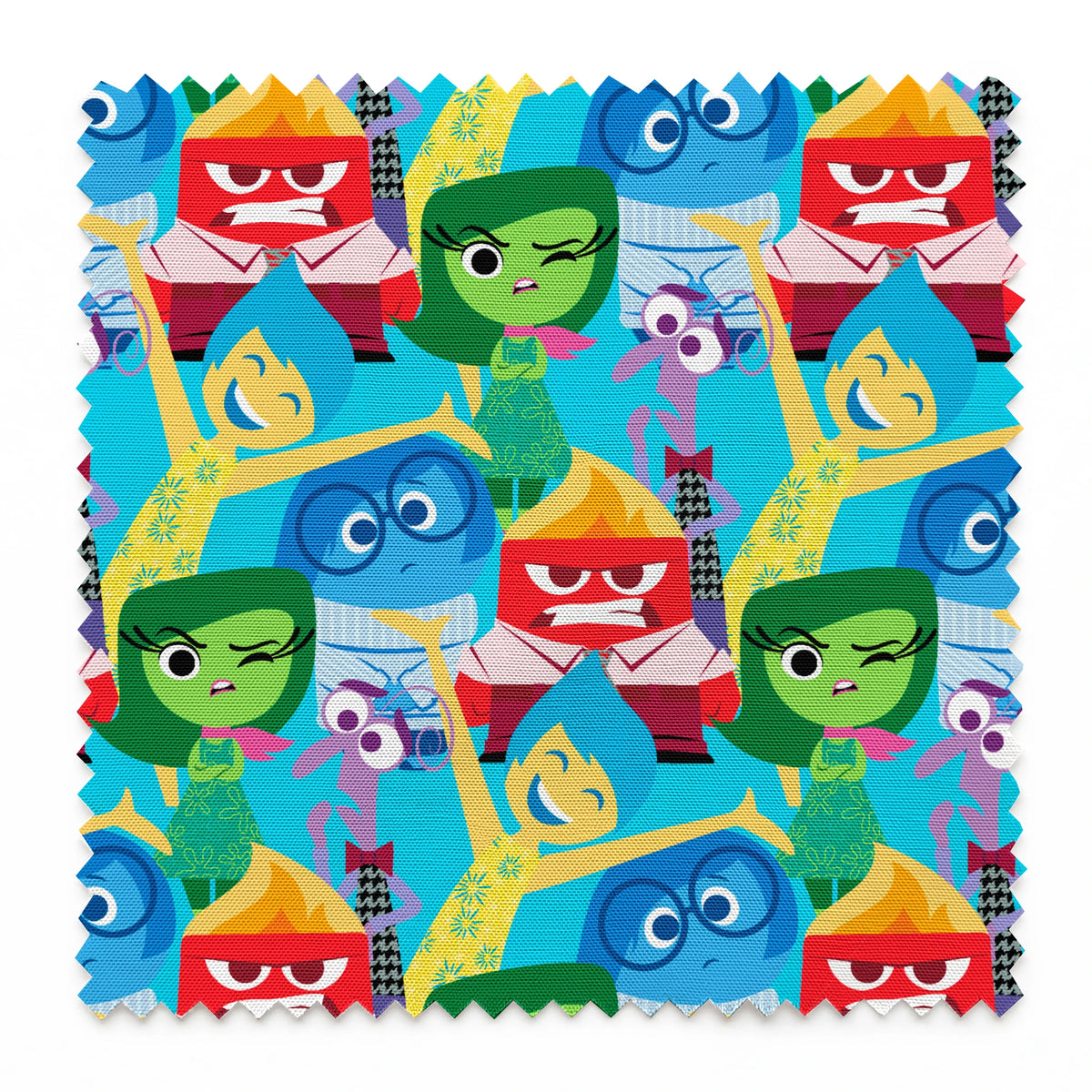Colorful animated characters from Pixar's Inside Out - Joy, Sadness, Anger, Disgust and Fear in repeating pattern springs swatch pinked