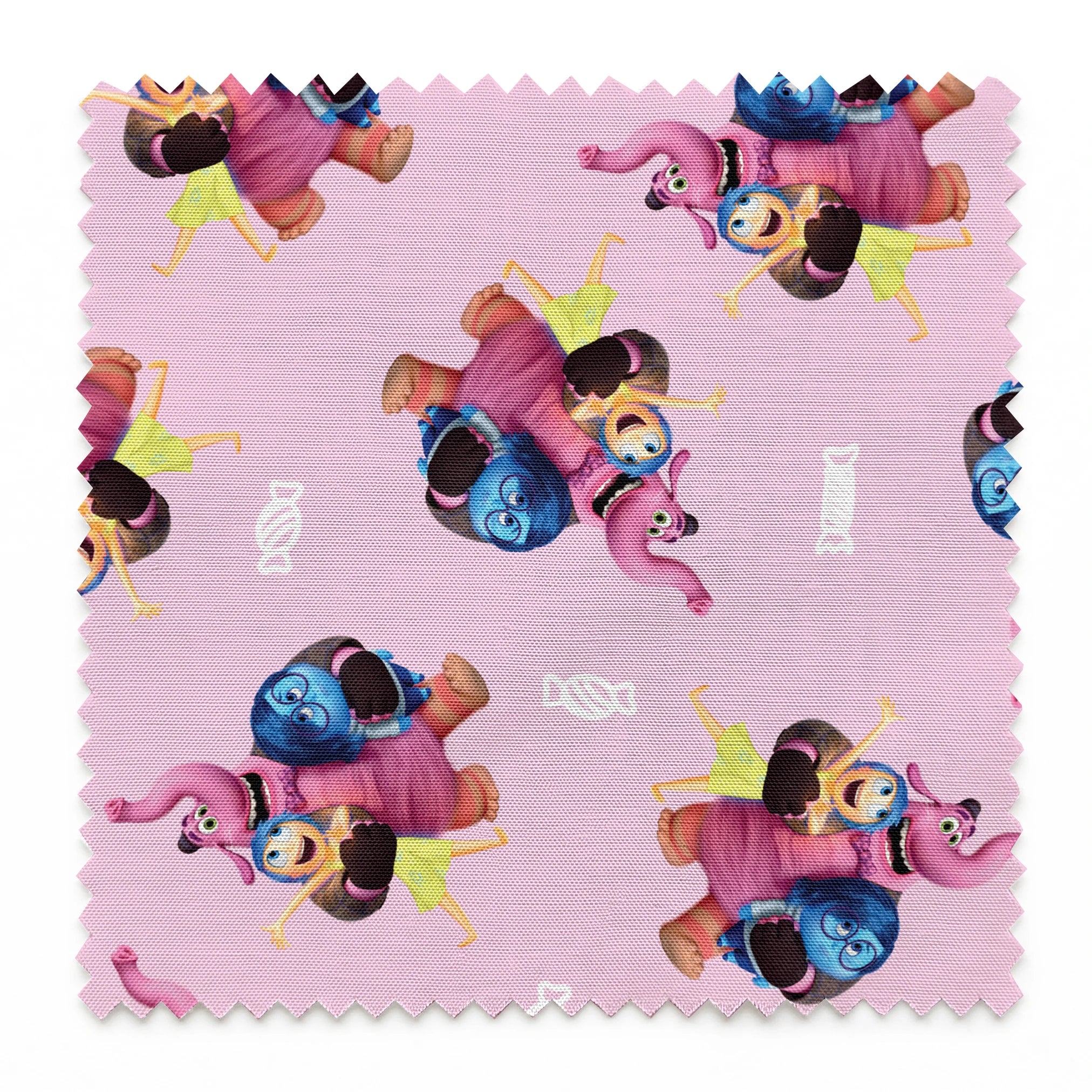 Repeating pattern of Inside Out characters on a lavender background springs swatch pinked