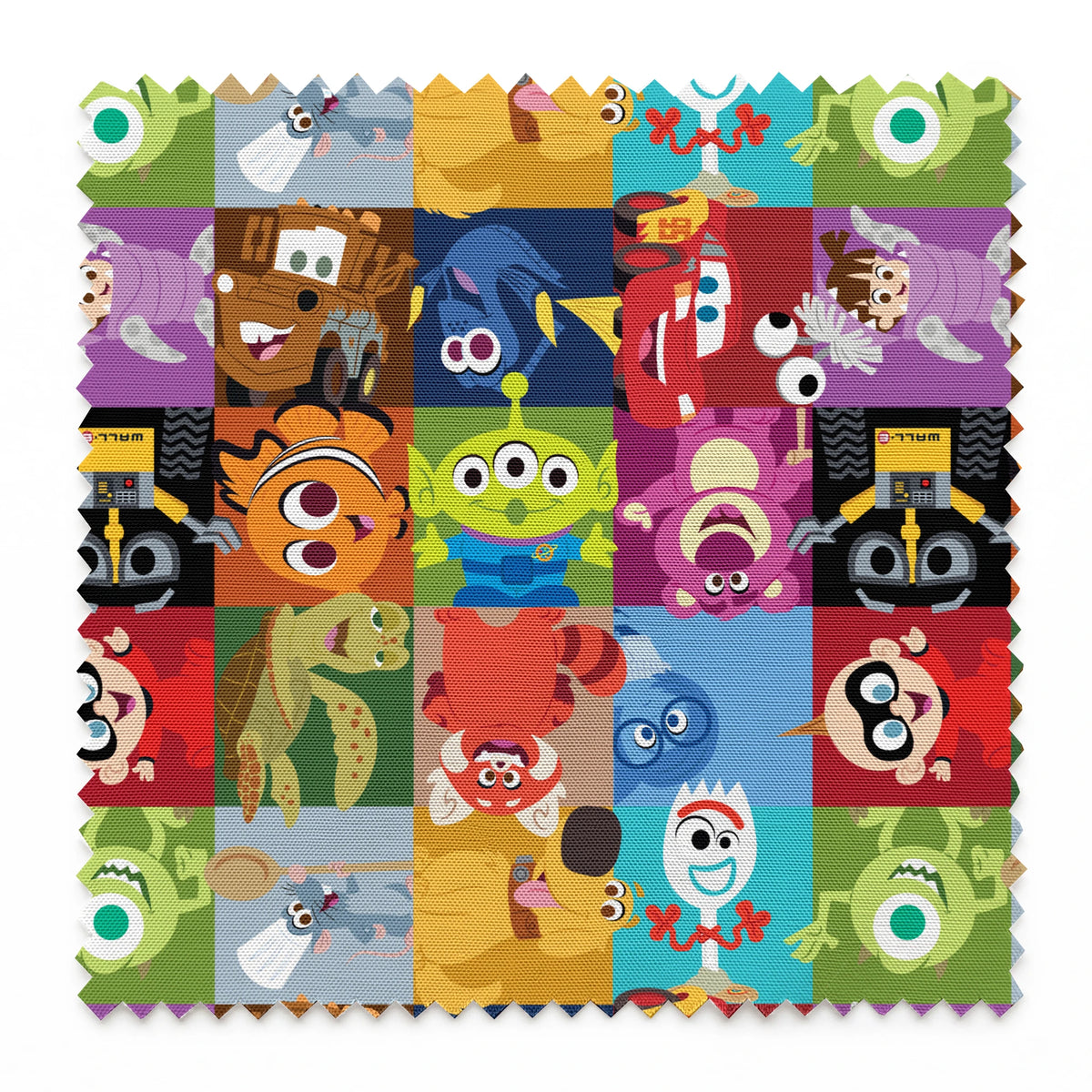 Grid of stylized Disney/Pixar characters including Mike Wazowski, Nemo, Wall-E, Lightning McQueen, Dory, and others in colorful squares springs swatch pinked