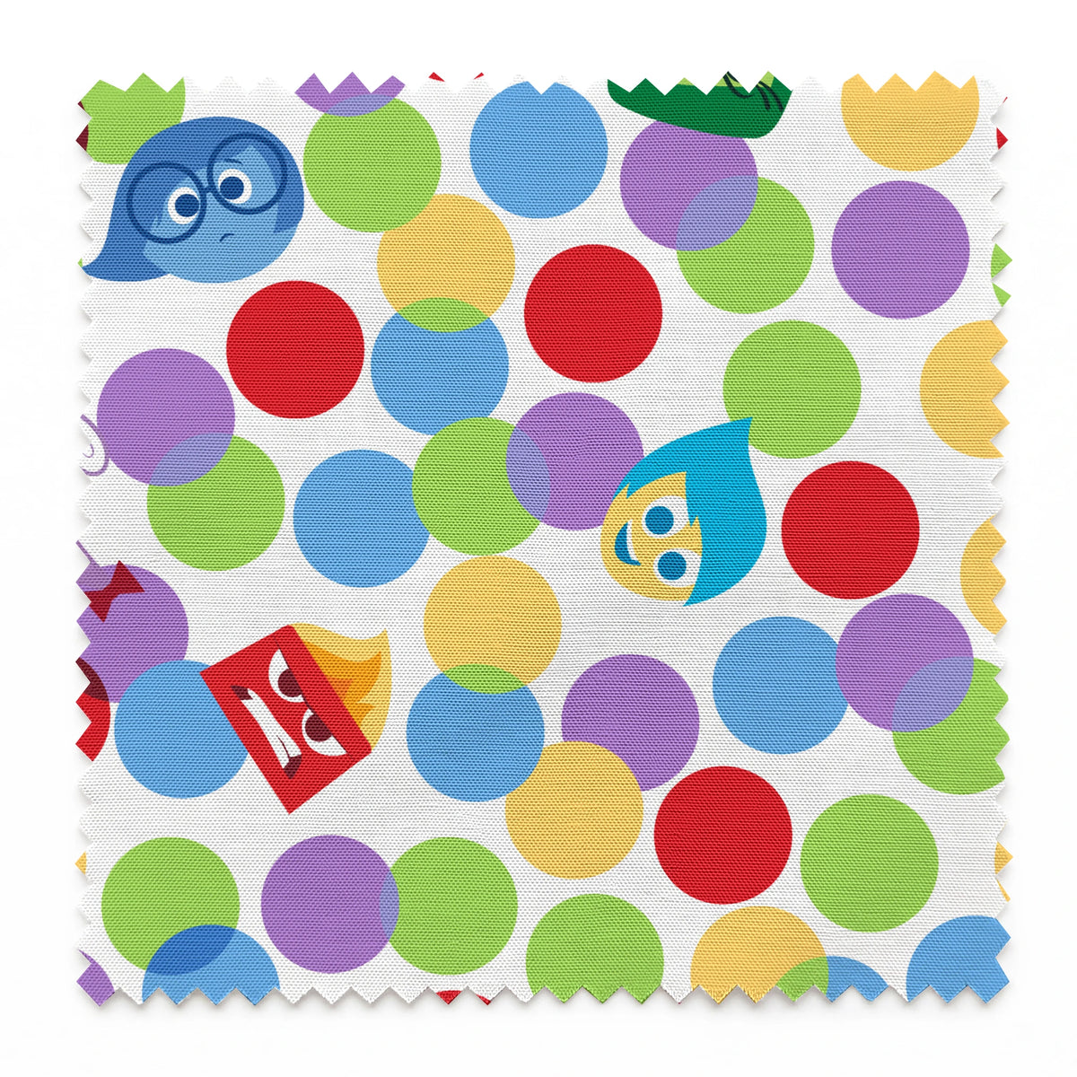 Colorful pattern with Inside Out characters scattered among multicolored polka dots springs swatch pinked
