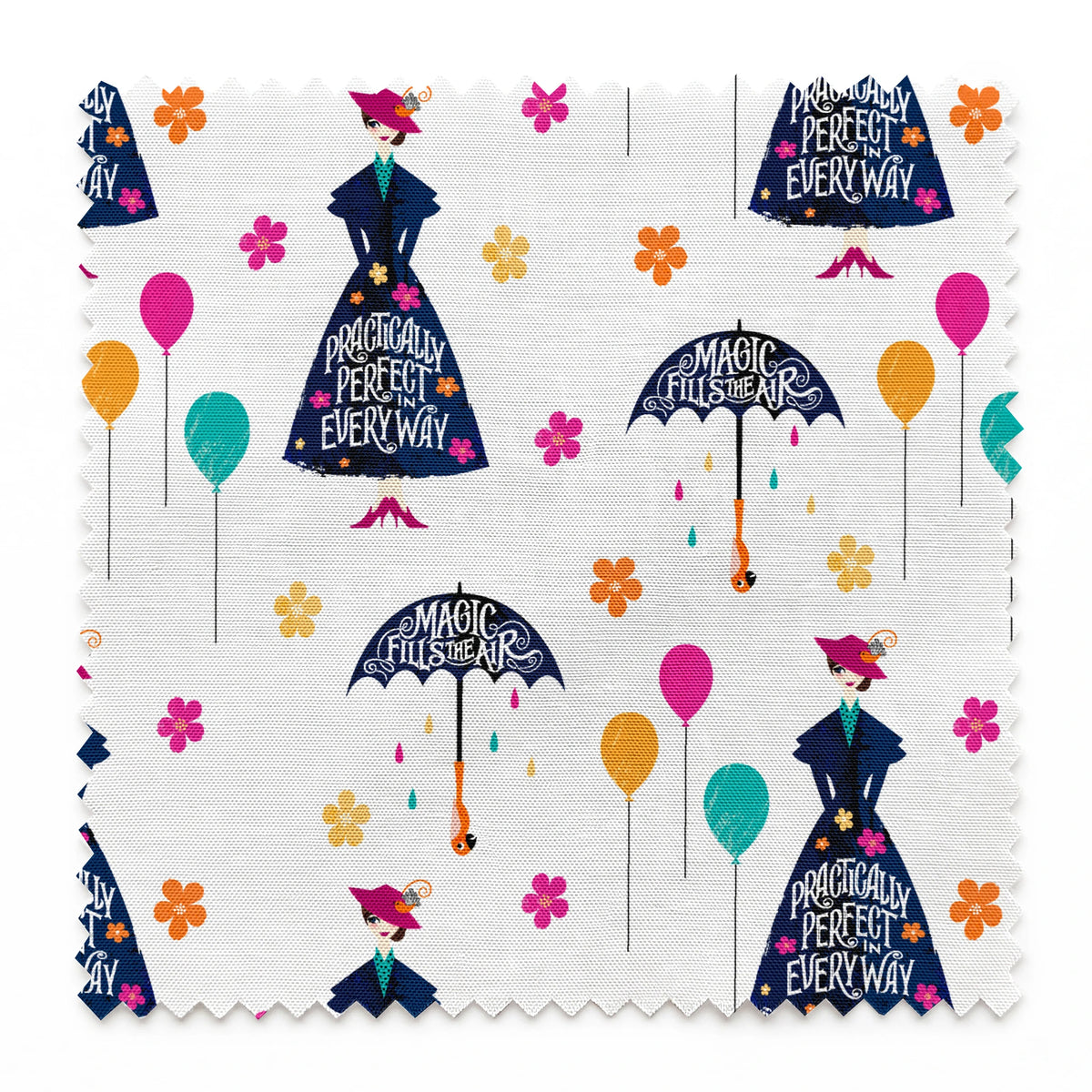 Colorful pattern with Mary Poppins-inspired silhouettes, umbrellas, balloons, and flowers on white background springs swatch pinked