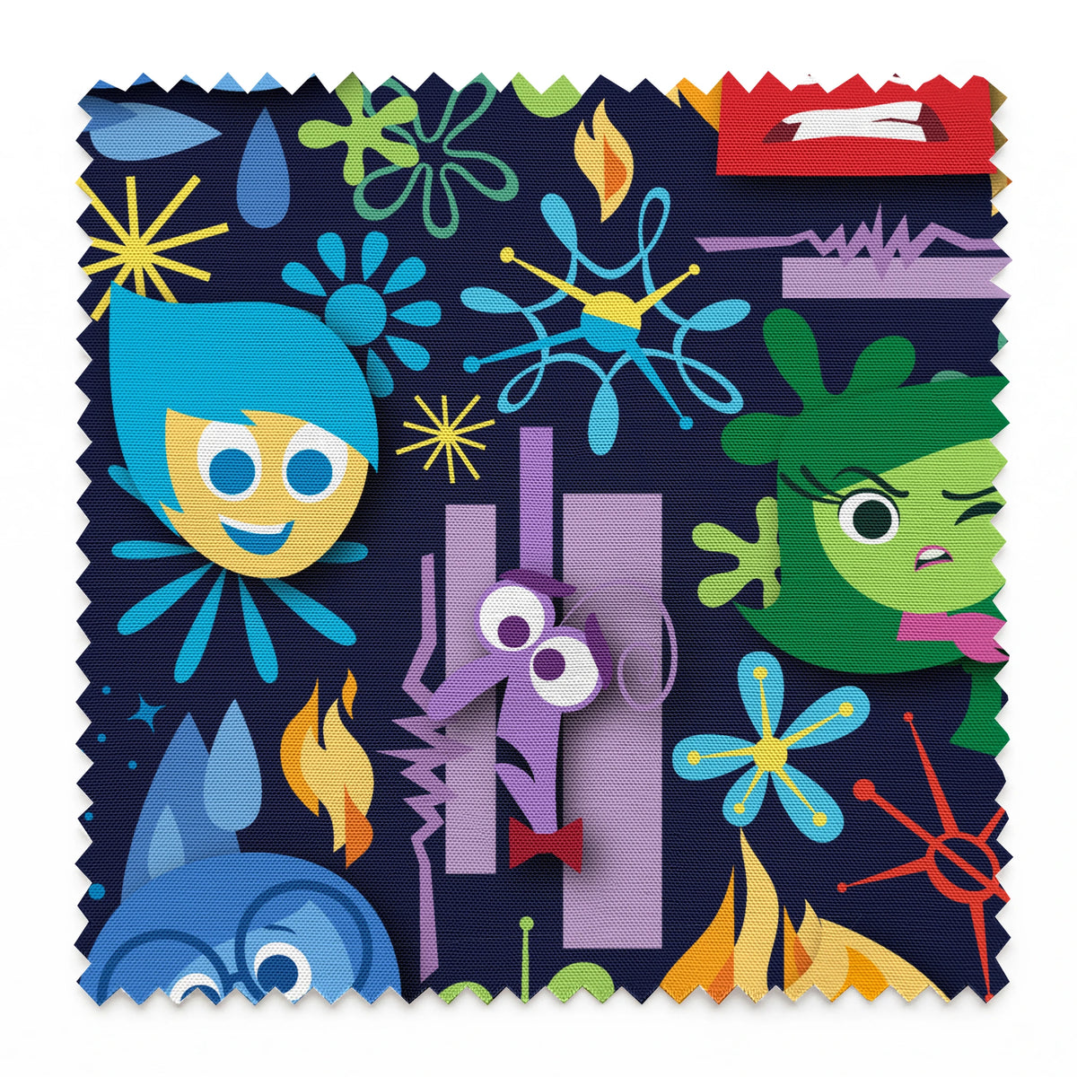 Colorful Inside Out characters with blue, red, green faces and abstract shapes on dark background springs swatch pinked