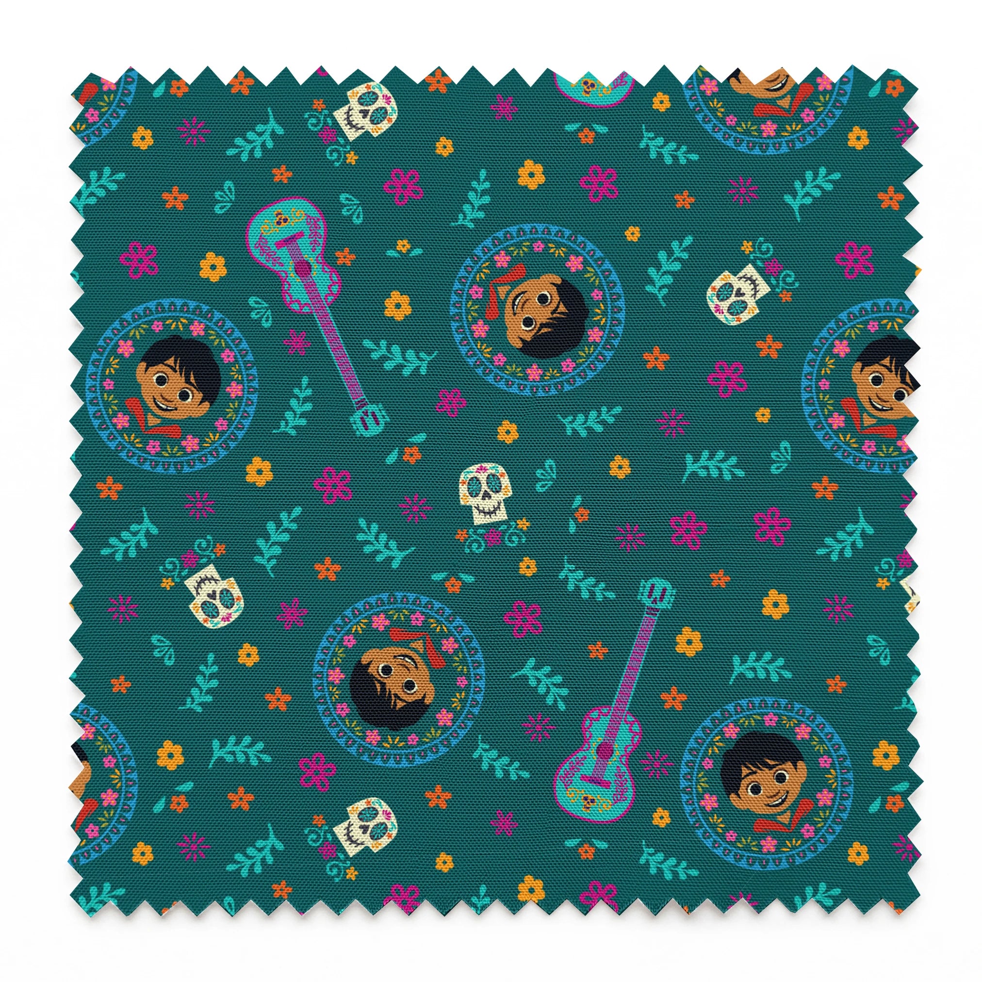 Colorful Coco-inspired pattern with guitars, sugar skulls, circular portraits, and floral elements on teal background. springs swatch pinked