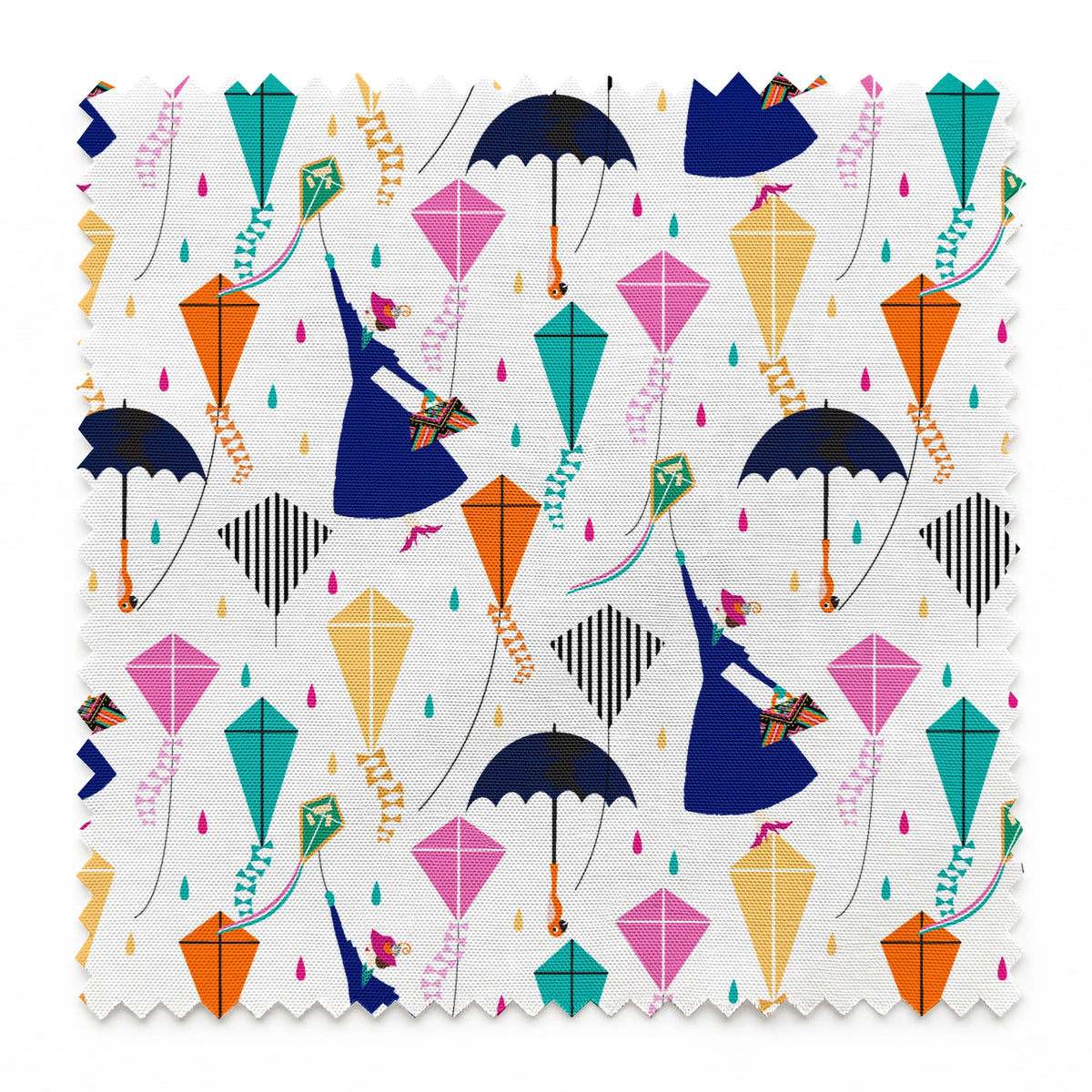 Colorful Mary Poppins pattern with umbrellas, featuring pink, orange, turquoise kites and navy umbrellas on white background springs swatch pinked