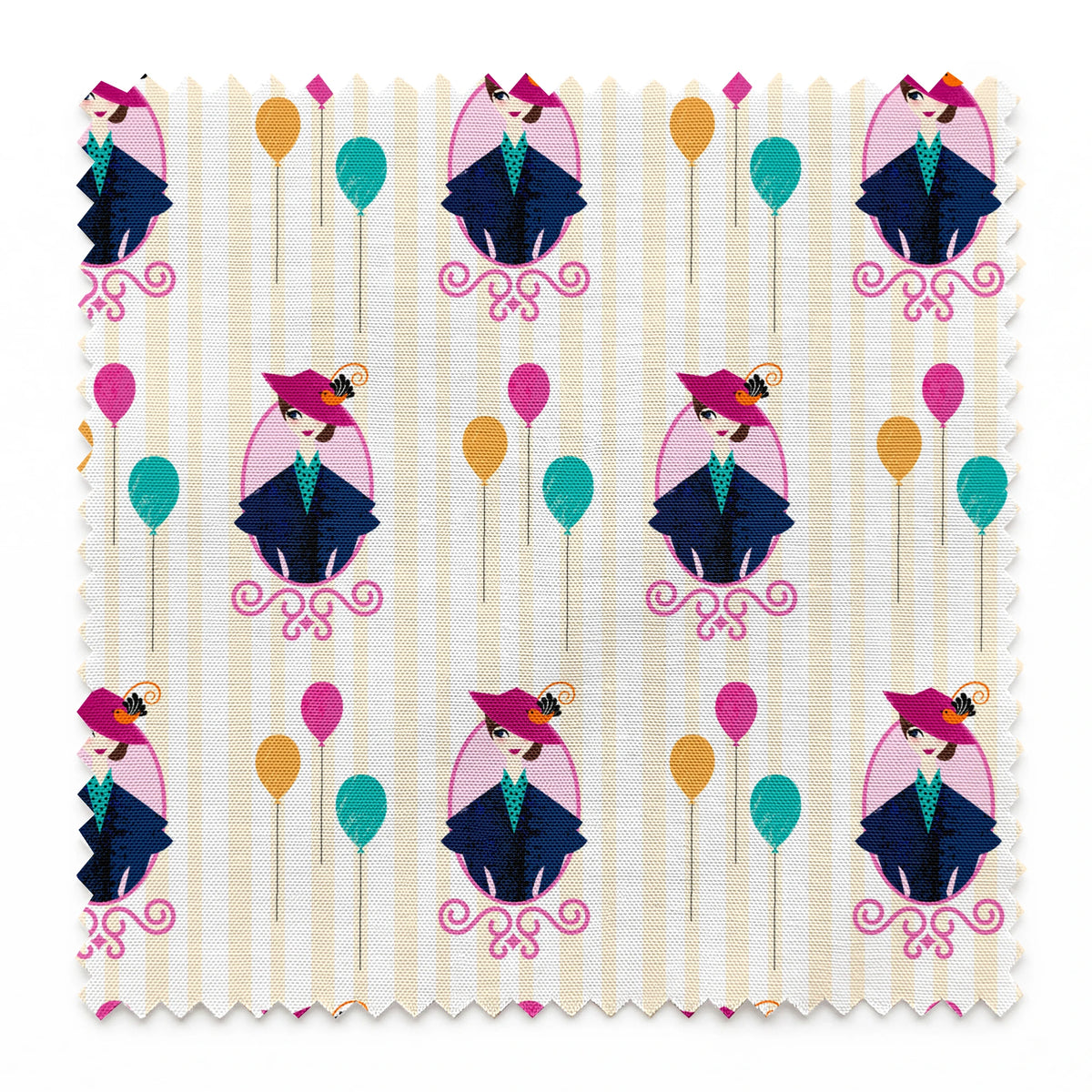 Mary Poppins displayed in decorative frames with colorful balloons against striped background springs swatch pinked