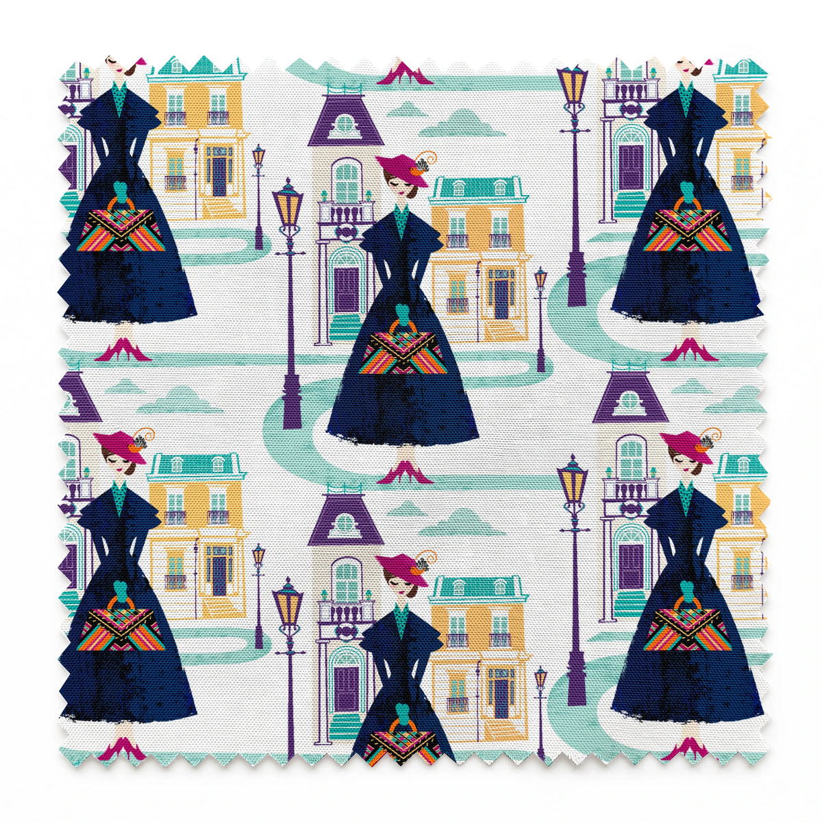 Illustrated pattern of Mary Poppins, standing among pastel townhouses and streetlamps. springs swatch pinked
