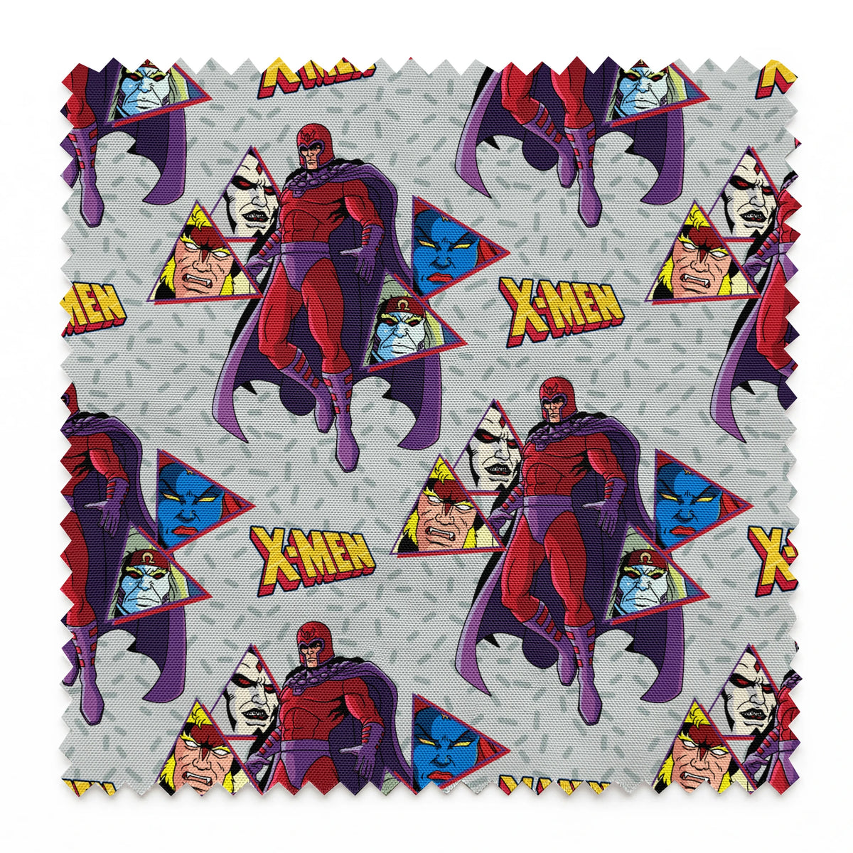 X-Men comic pattern with Magneto in purple and red costume against gray background with character portraits springs swatch pinked