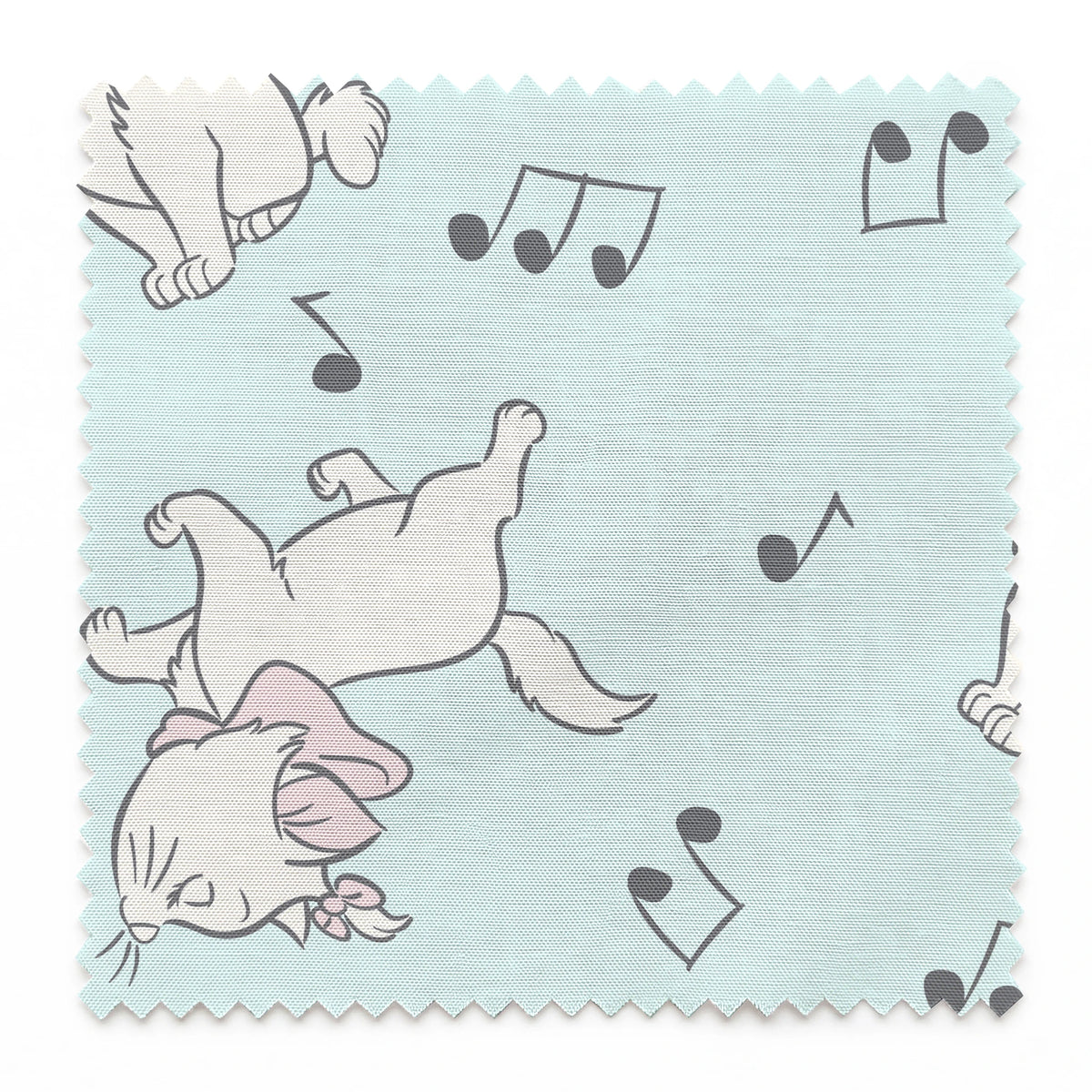White kittens with pink bows playing among musical notes on a light mint background springs swatch pinked