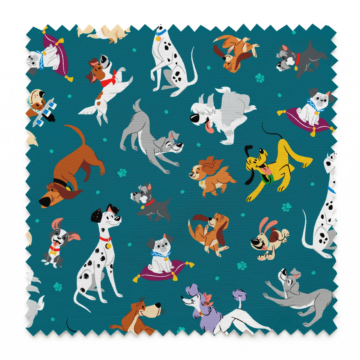 Teal pattern featuring Disney cartoon dogs like Dalmatians, Pluto, Lady and the Tramp, Copper, and other animated pups. springs swatch pinked