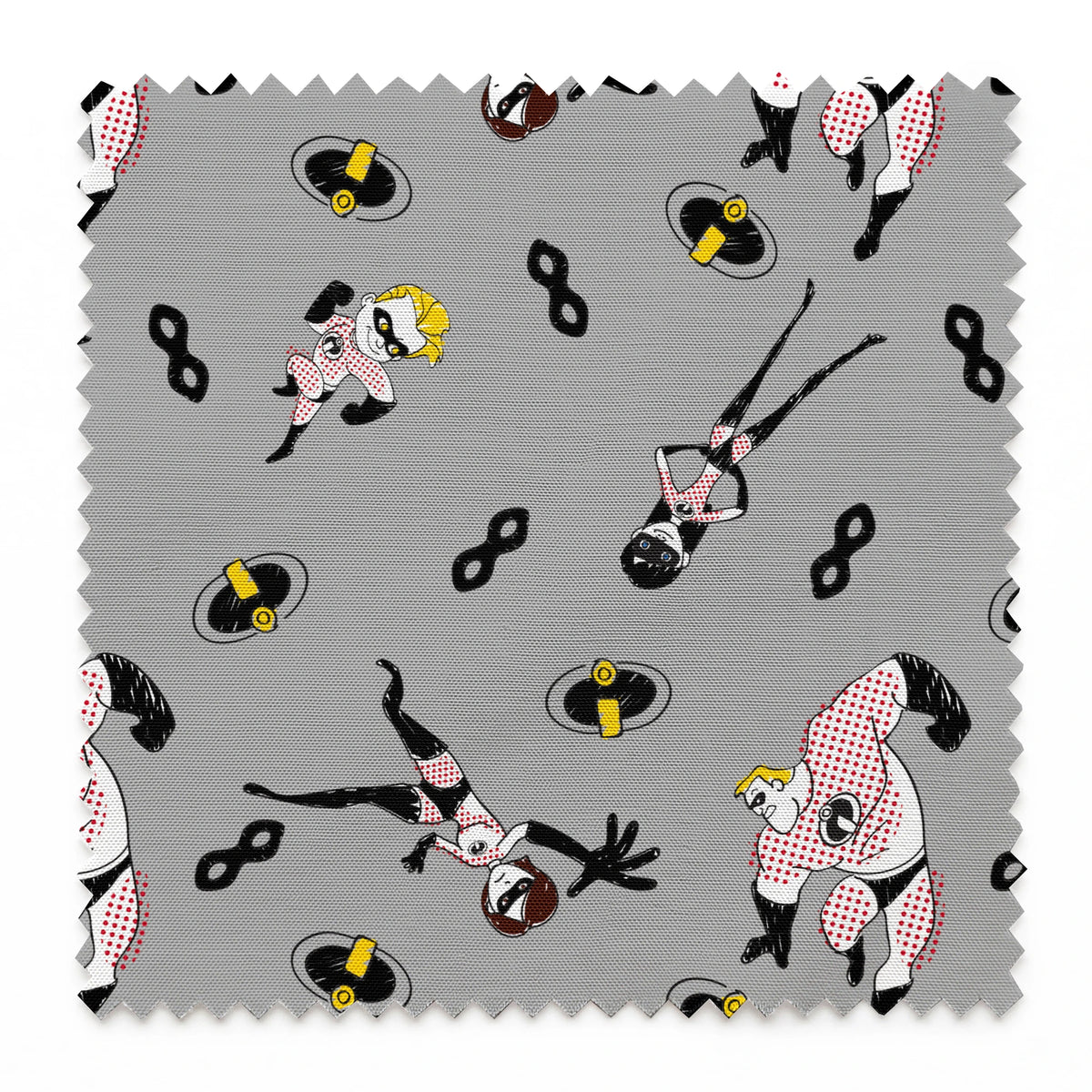 The Incredibles in black and white suits with yellow emblems scattered on gray background with masks springs swatch pinked