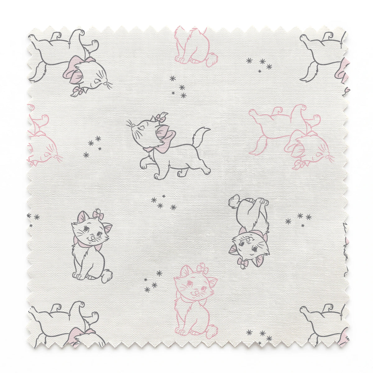Line drawing pattern of Marie in pink and gray on cream background with small star accents springs swatch pinked