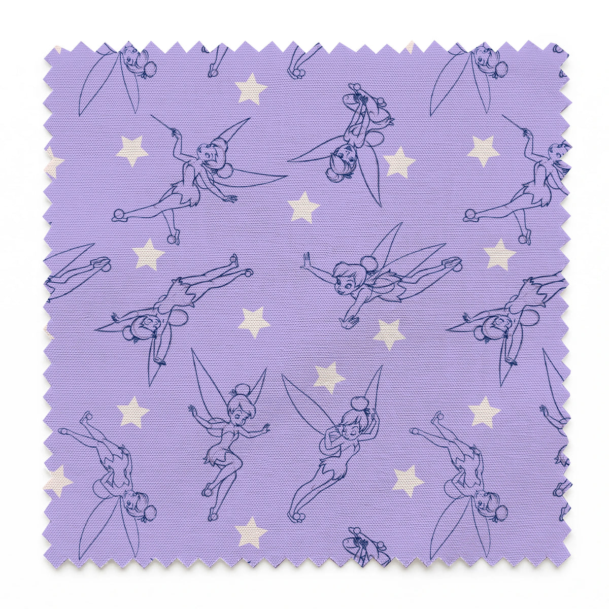 Tinker Bell dancing across a lavender purple background with white stars springs swatch pinked