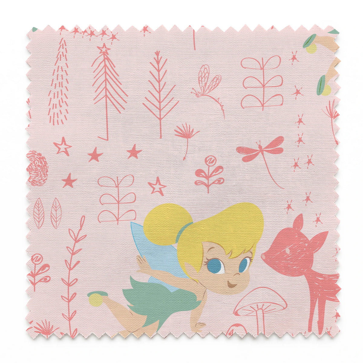 Pink whimsical pattern with cartoon fairy characters, forest animals, mushrooms, and plants in pastel colors springs swatch pinked