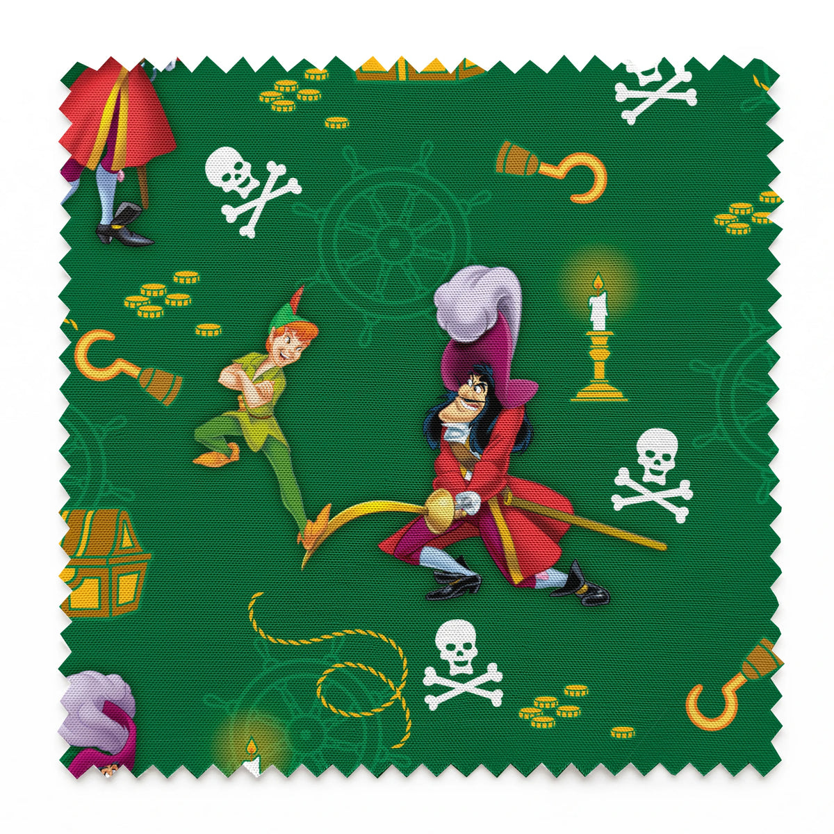 Peter Pan-themed pattern with Captain Hook, treasure chests, skulls, and golden hooks on green background. springs swatch pinked