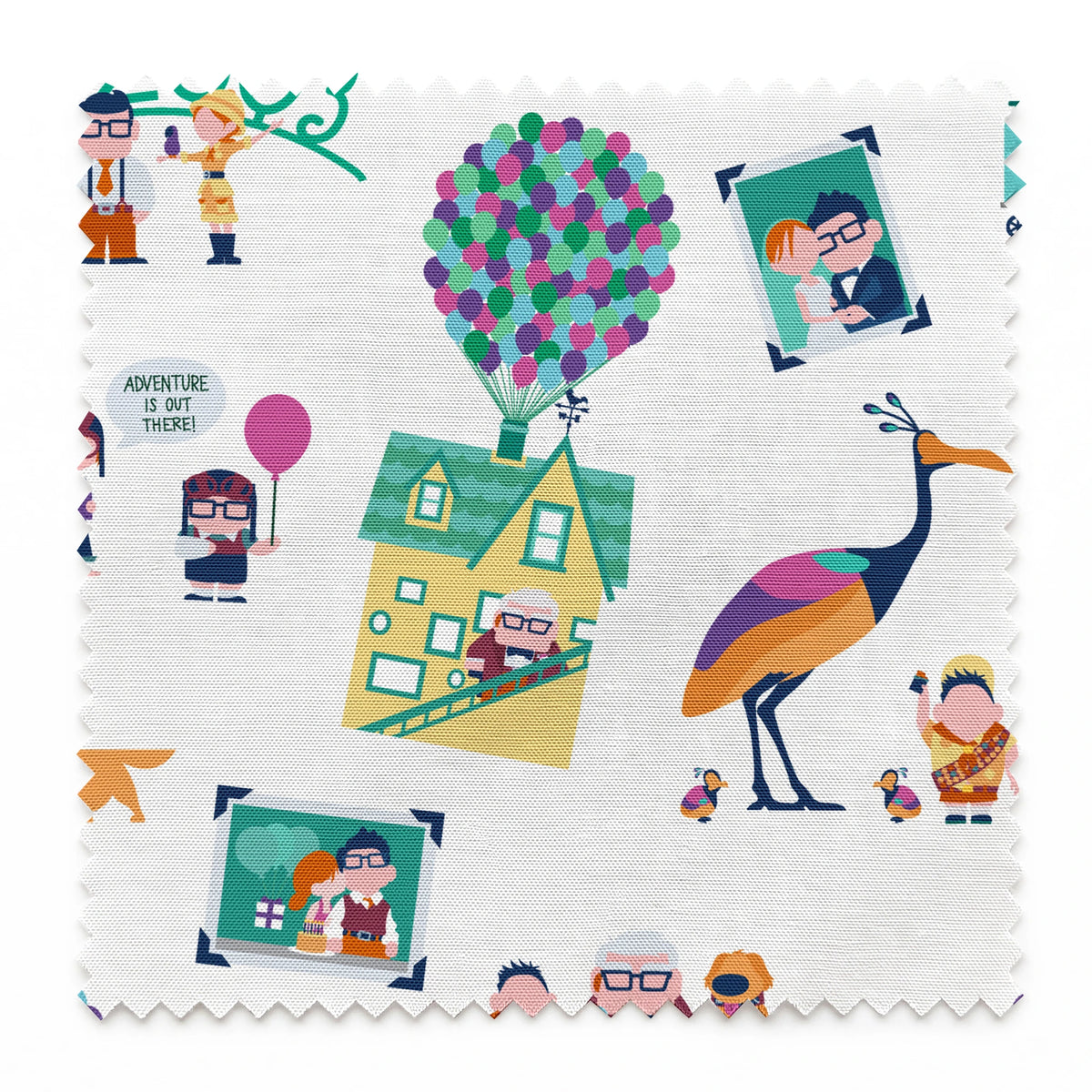 Colorful illustrated Up-inspired zoo pattern with cartoon characters, houses with balloons, peacocks, and family portraits on white background. springs swatch pinked