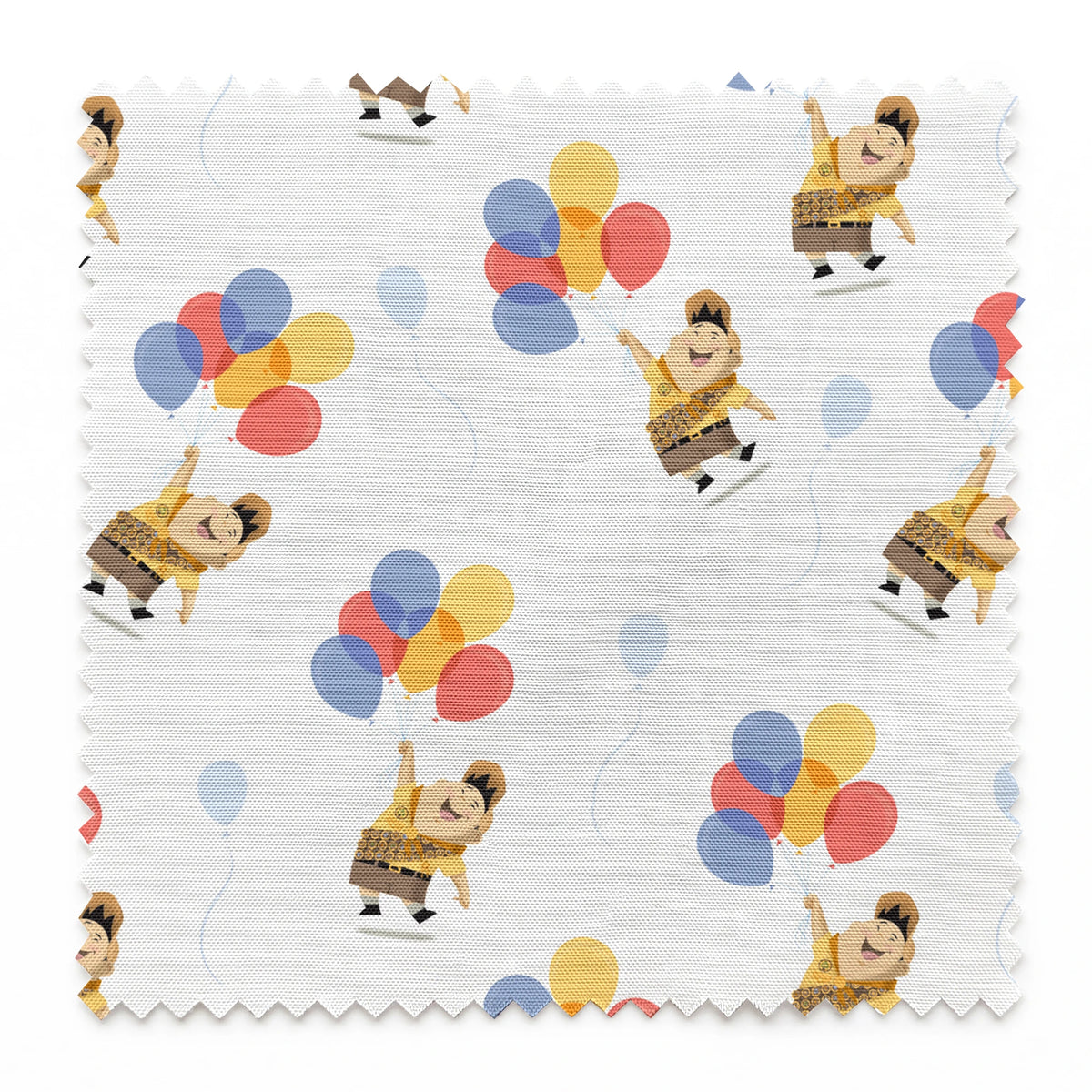 Up's Russell in explorer outfit floating with colorful balloons on white background pattern springs swatch pinked