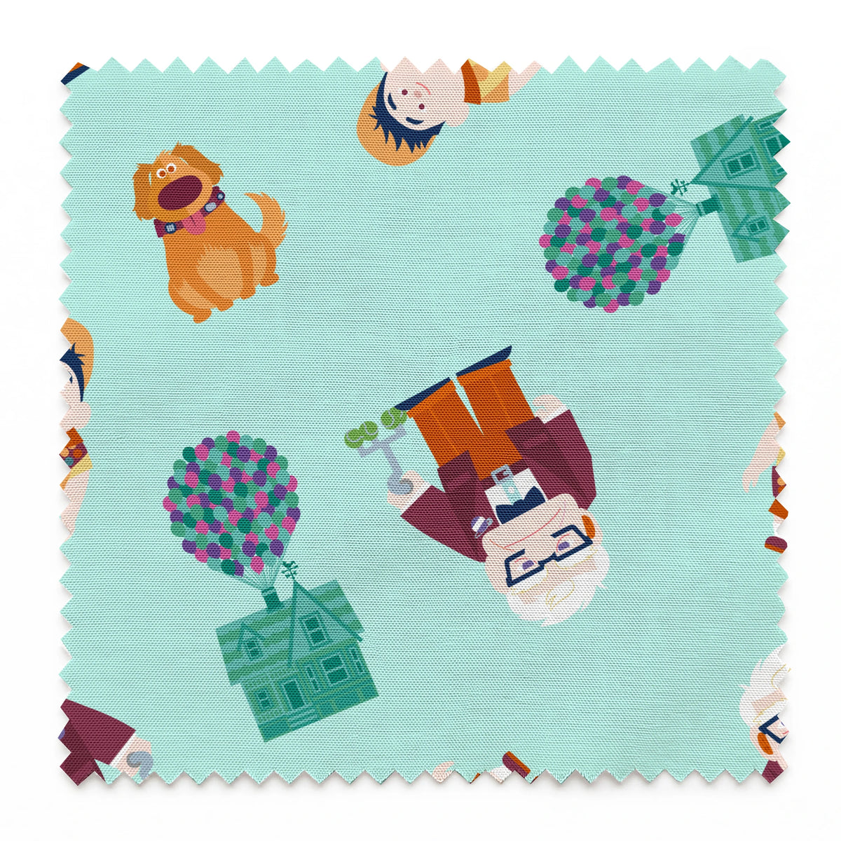 Cartoon pattern on mint background featuring characters from Pixar's "Up" with balloons, houses, and colorful elements springs swatch pinked