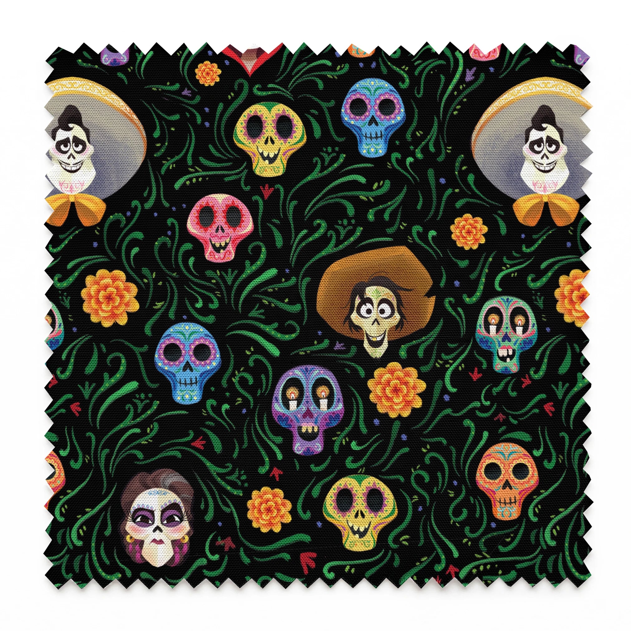 Colorful Coco stylized sugar skulls with sombreros scattered among green vines and orange flowers on black background springs swatch pinked