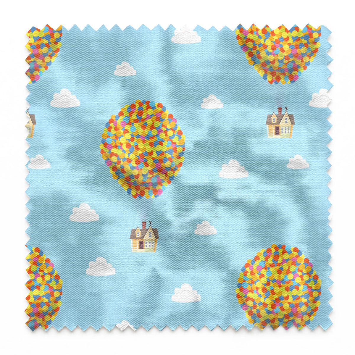 Repeating Up pattern of houses lifted by colorful balloon clusters against a light blue sky with white clouds springs swatch pinked