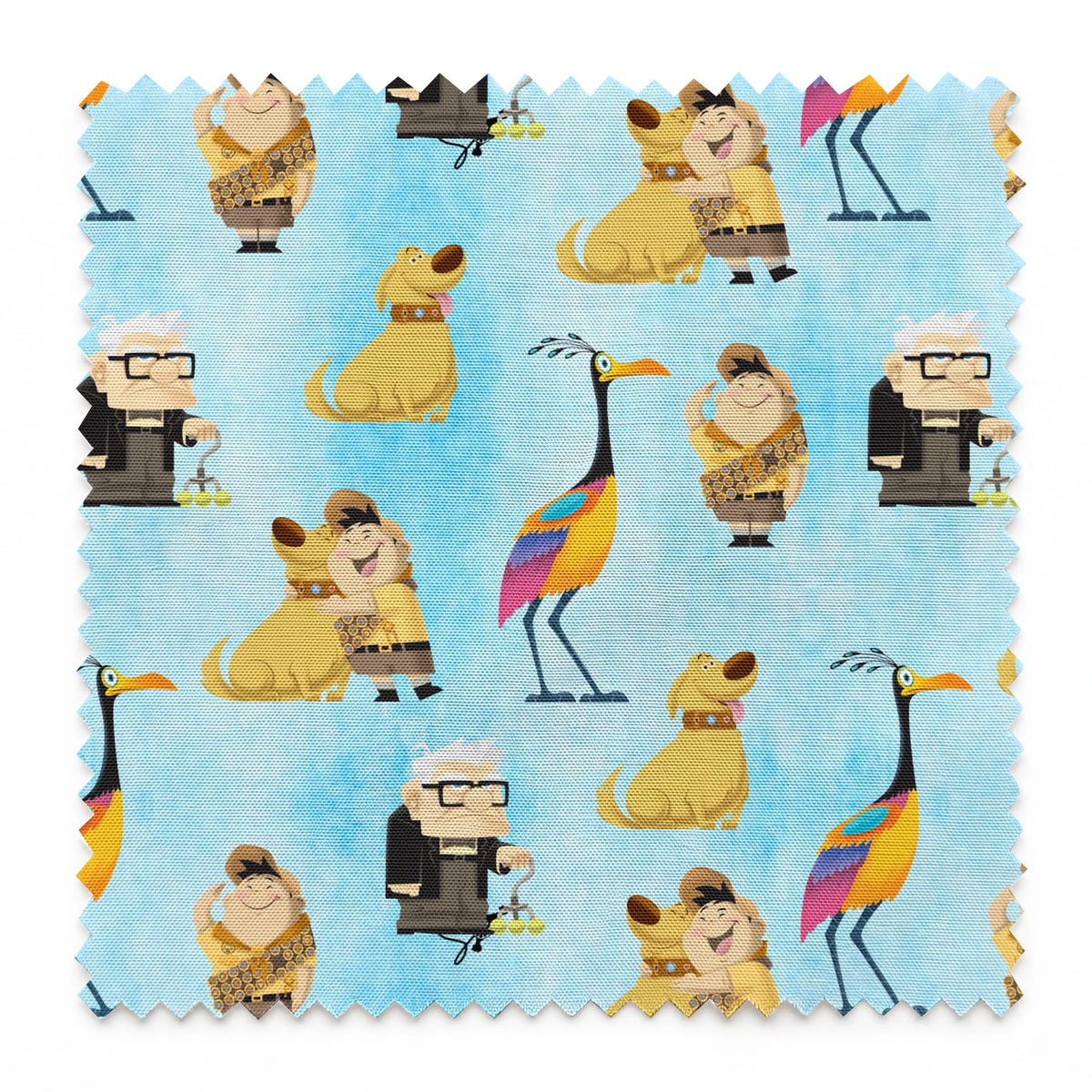 Colorful Up-inspired pattern with cartoon characters including elderly man, explorer, golden dog, and tropical bird on light blue background springs swatch pinked