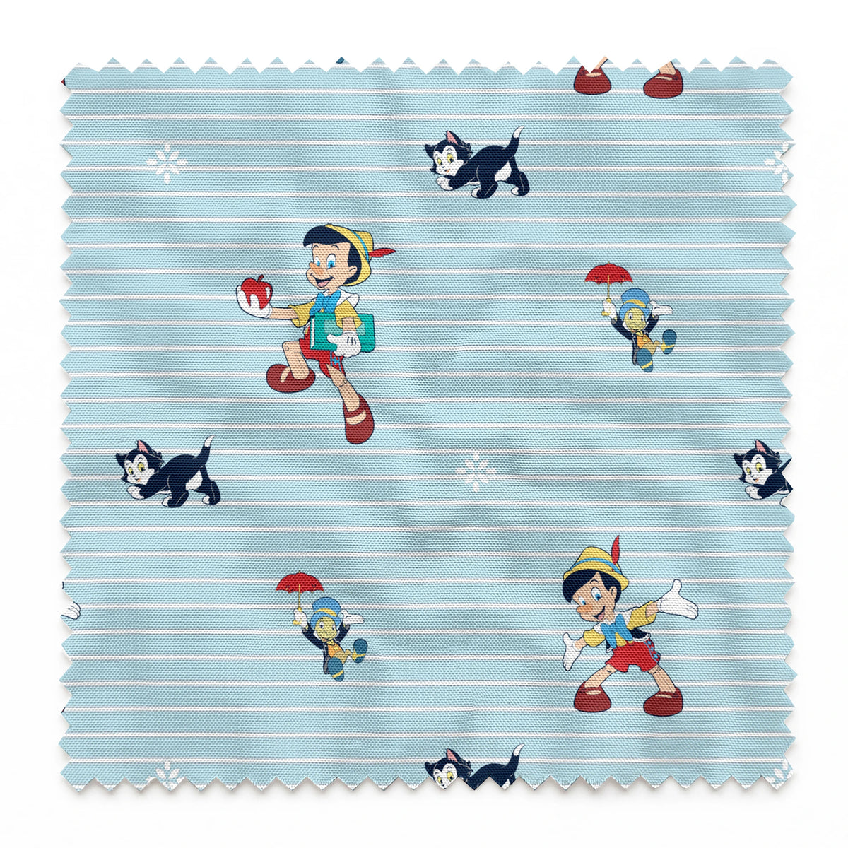 Cartoon pattern with boy character holding apple, black kittens, snowflakes on light blue striped background springs swatch pinked