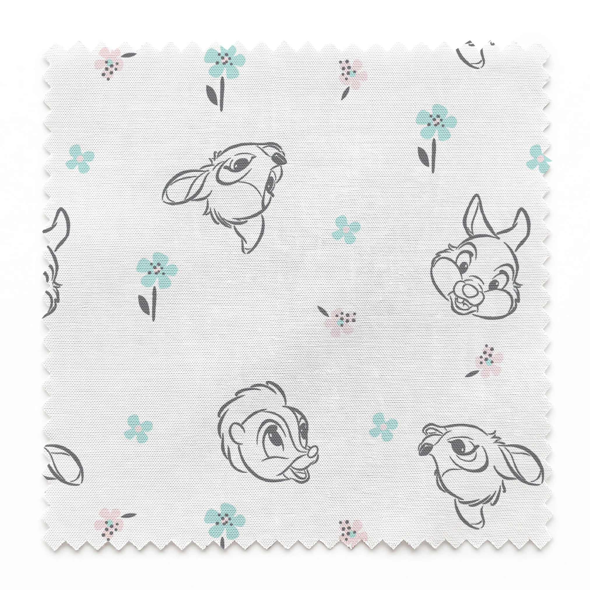 Sketch-style animals from Disney Bambi with pastel flowers on a white background. springs swatch pinked