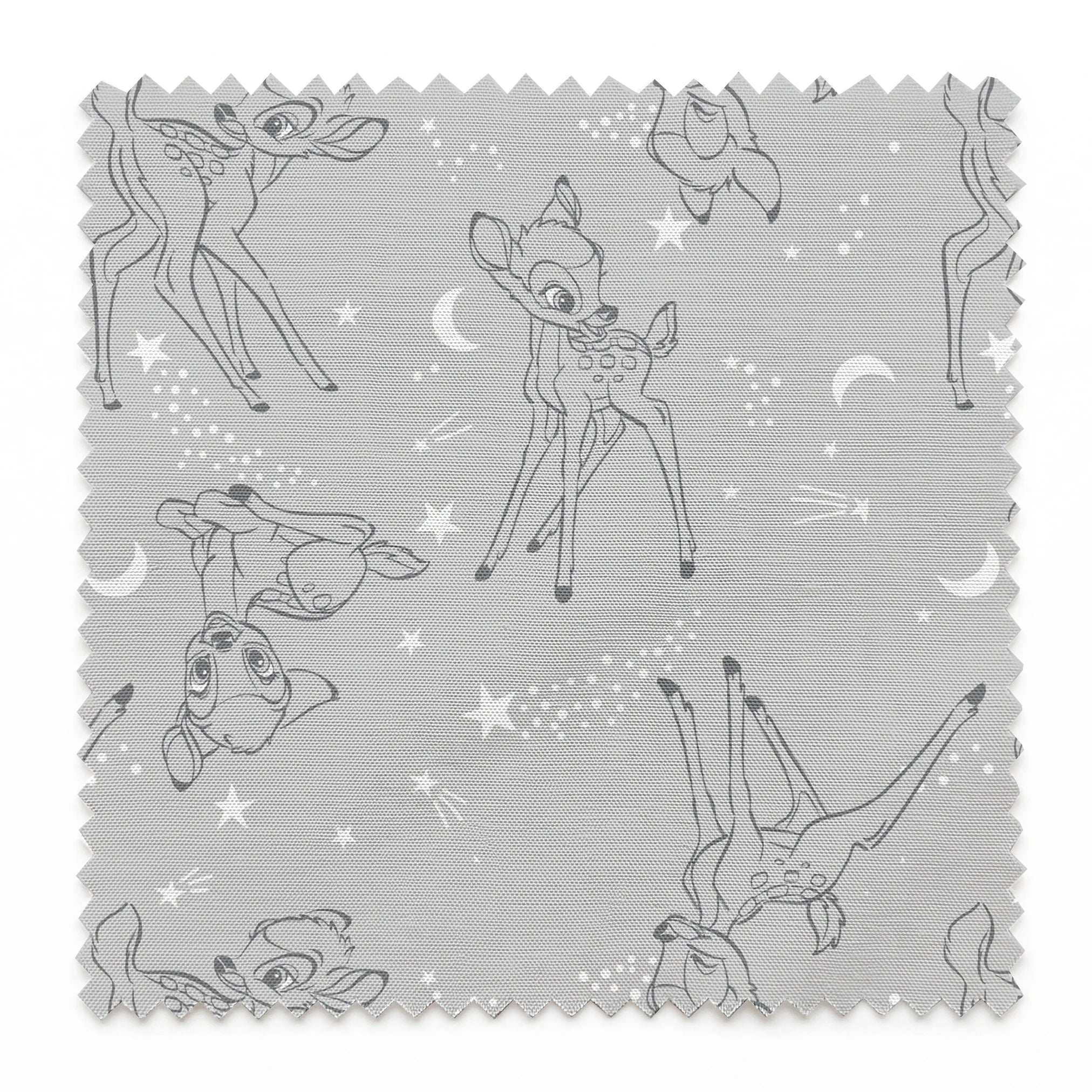 Line art illustrations of Disney’s Bambi surrounded by stars, moons, and stardust trails on a soft gray background in a scattered repeat. springs swatch pinked