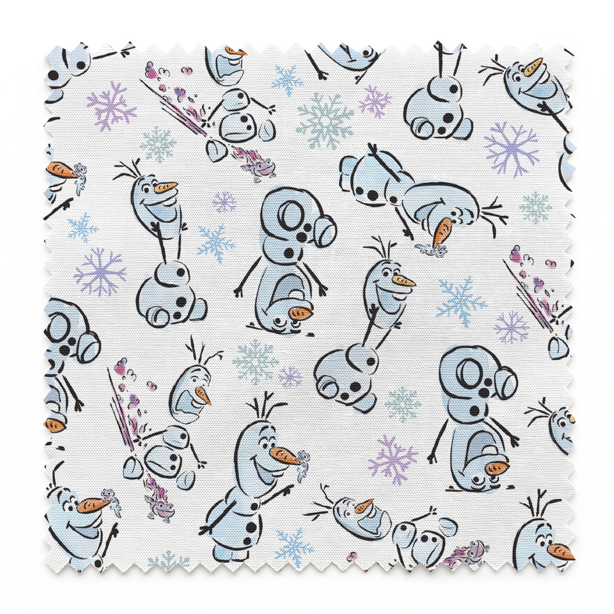 Disney Frozen Olaf with different happy expressions scattered on light blue background with snowflakes springs swatch pinked