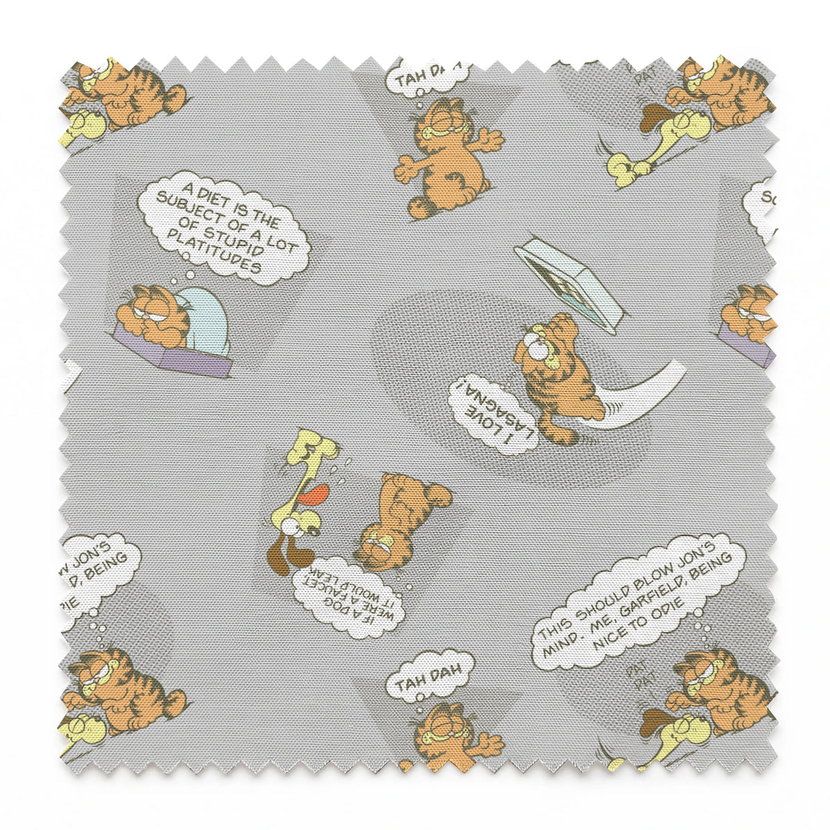 Cartoon Garfield pattern with various poses of the orange cat and speech bubbles on gray background springs swatch pinked