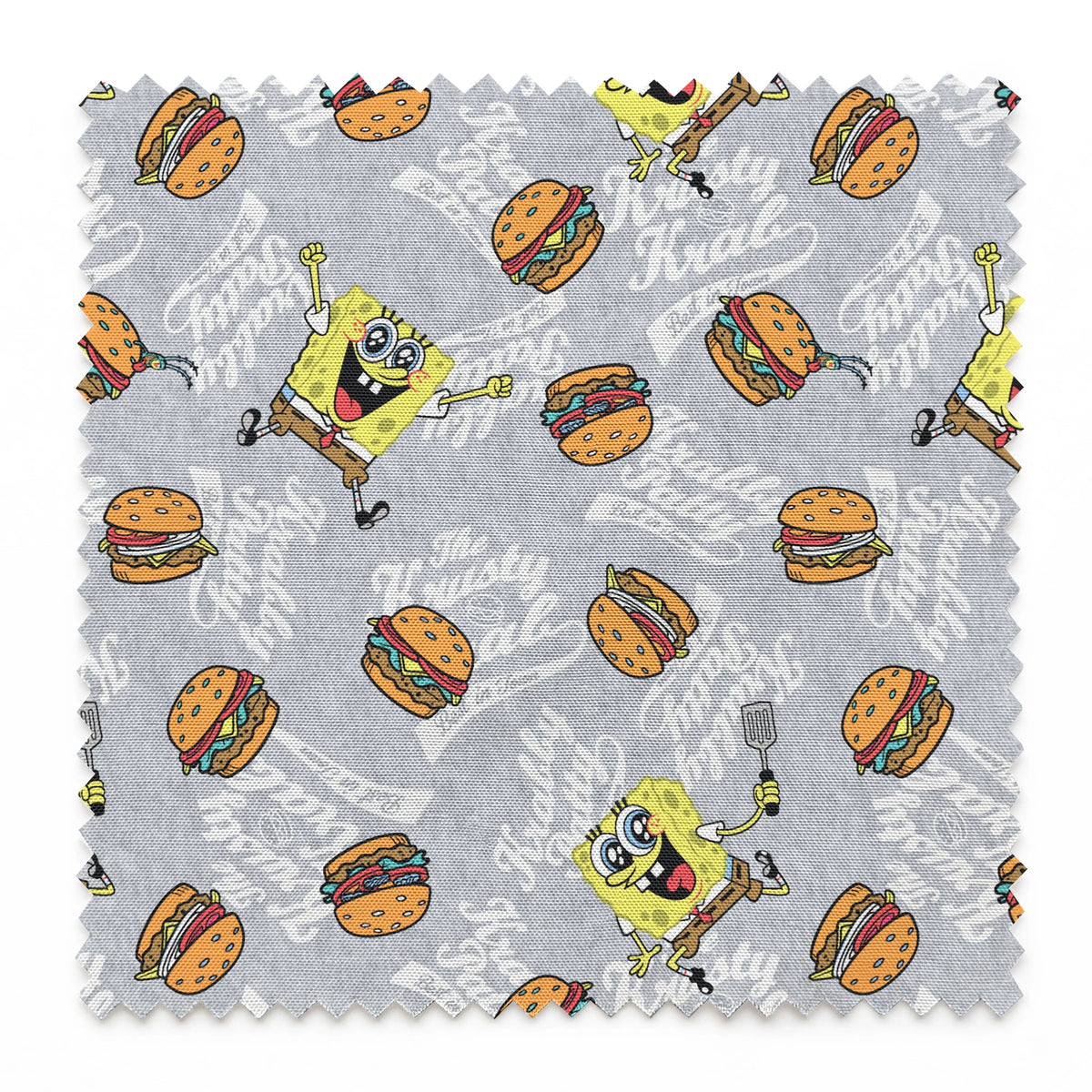 SpongeBob surrounded by Krabby Patties, spatulas, and “The Krusty Krab” text on a heather gray background in a playful cartoon-style design. springs swatch pinked