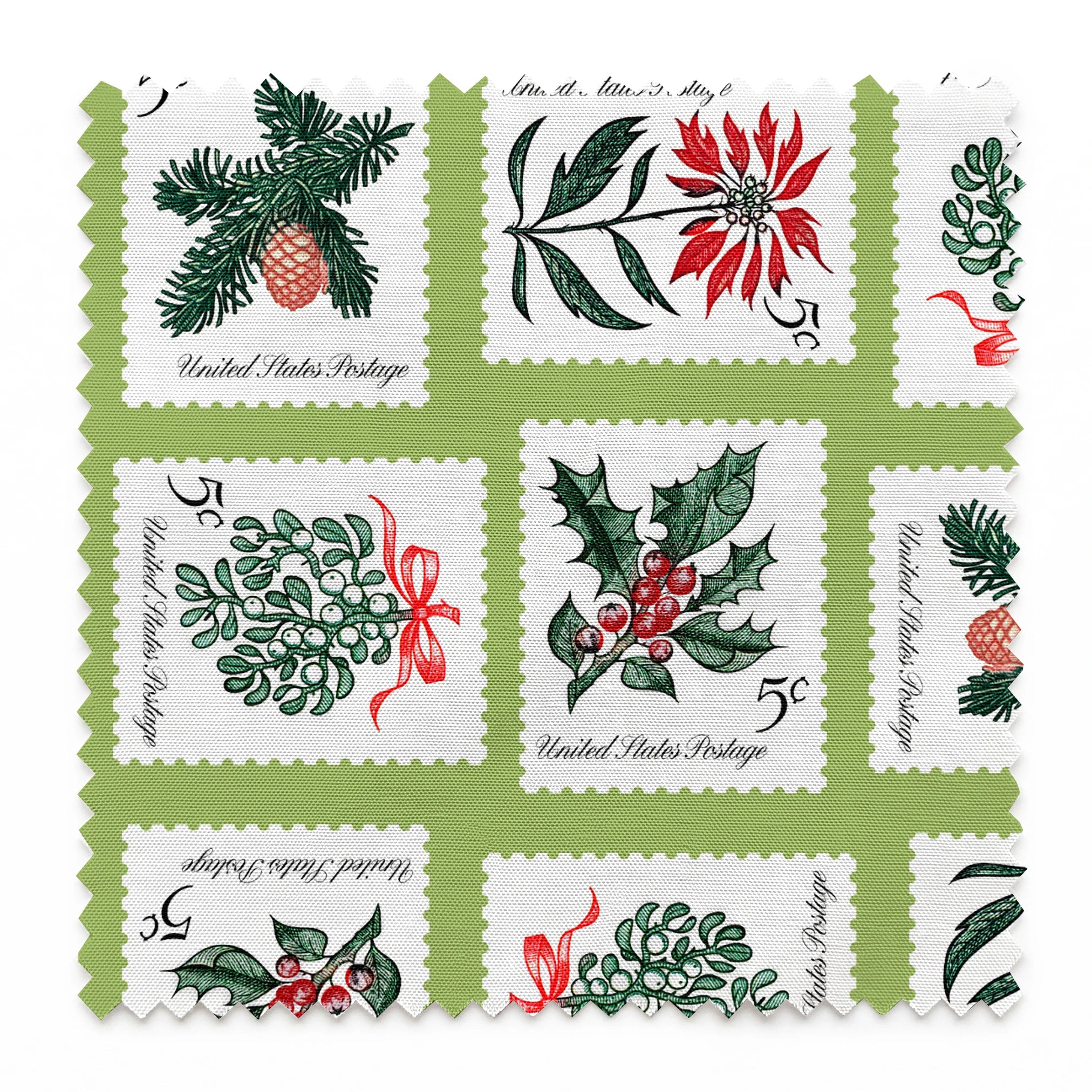 USPS Holiday Botanicals Stamp Collage on Green Fabric