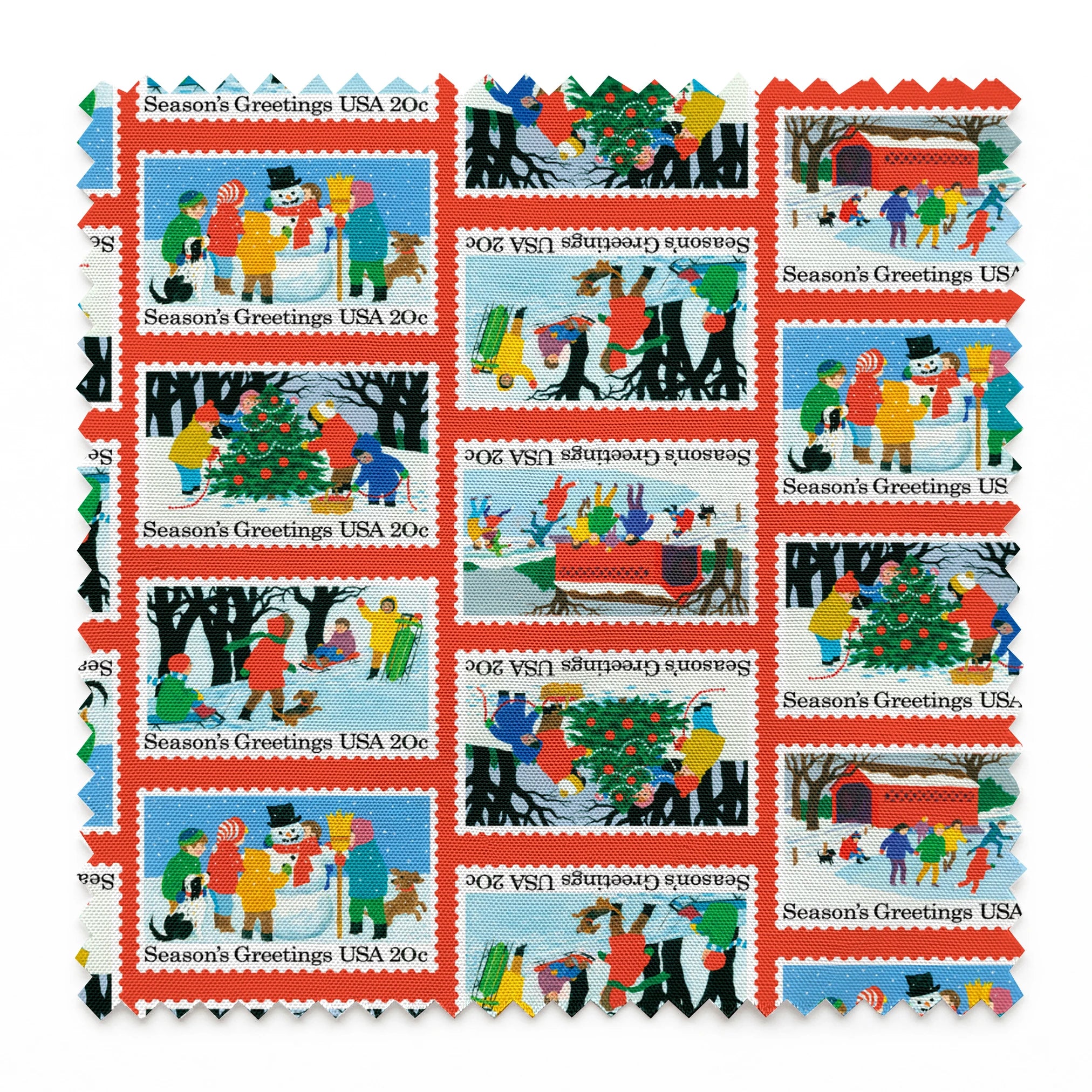 USPS Scenic Season's Greetings Stamps on Red Fabric