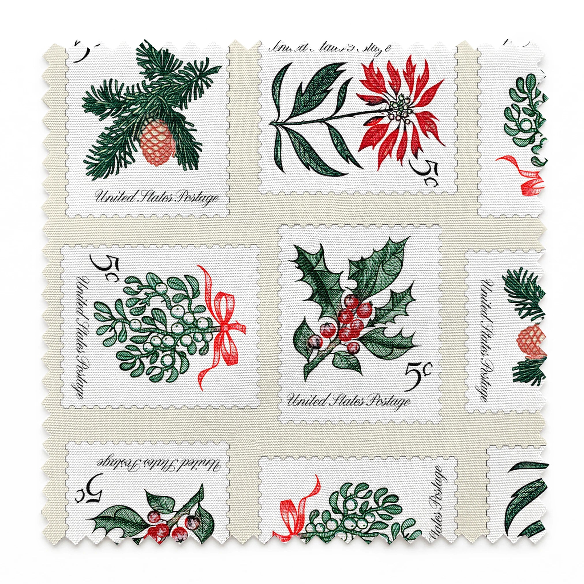 USPS Holiday Botanicals Stamp Collage on Cream Fabric