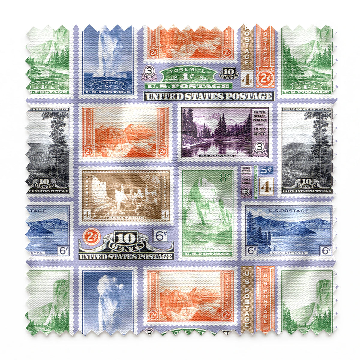 USPS National Park Stamps on Purple Fabric