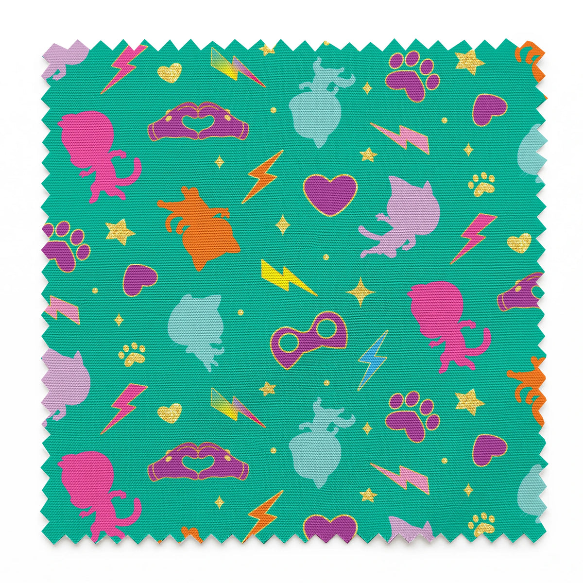 Disney Jr's. SuperKitties Pawsome Characters on Green Fabric