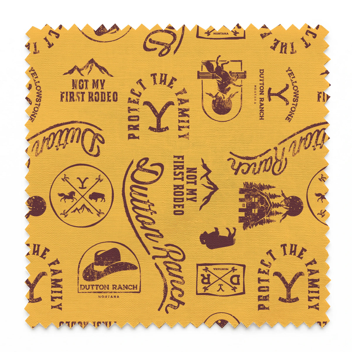 Paramount Yellowstone Dutton Ranch Icons on Yellow Fabric